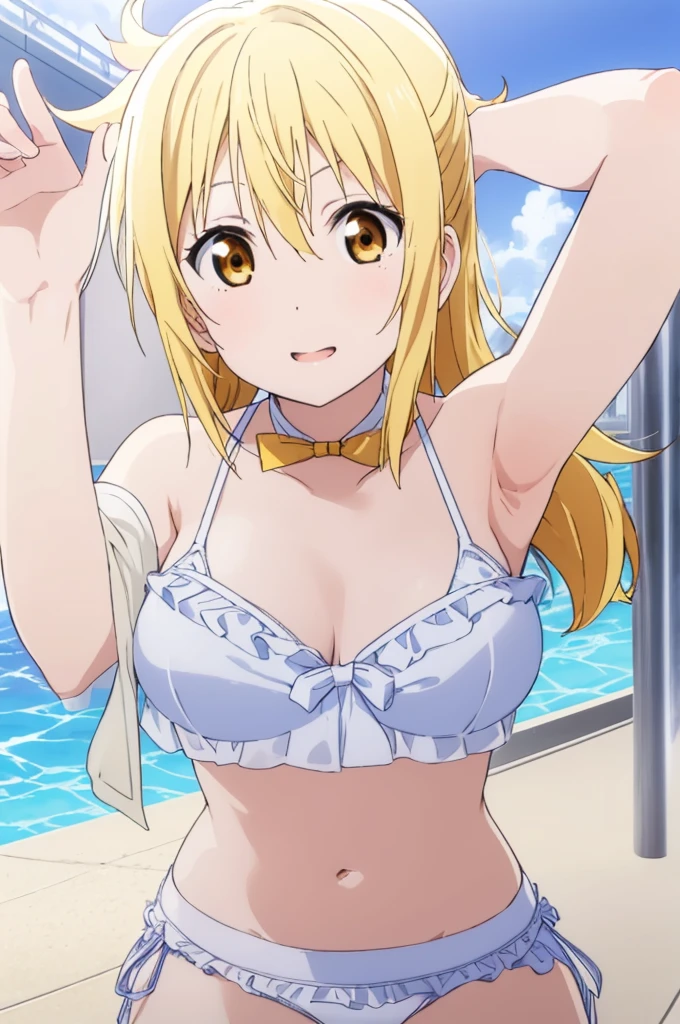 (((pixel-perfect, detail-perfect))), solo, 1girl, miyashita ai, normal face, eyes yellow, hair blonde, pool, bikini, armpit, large extreme filesize, ultra High Qality