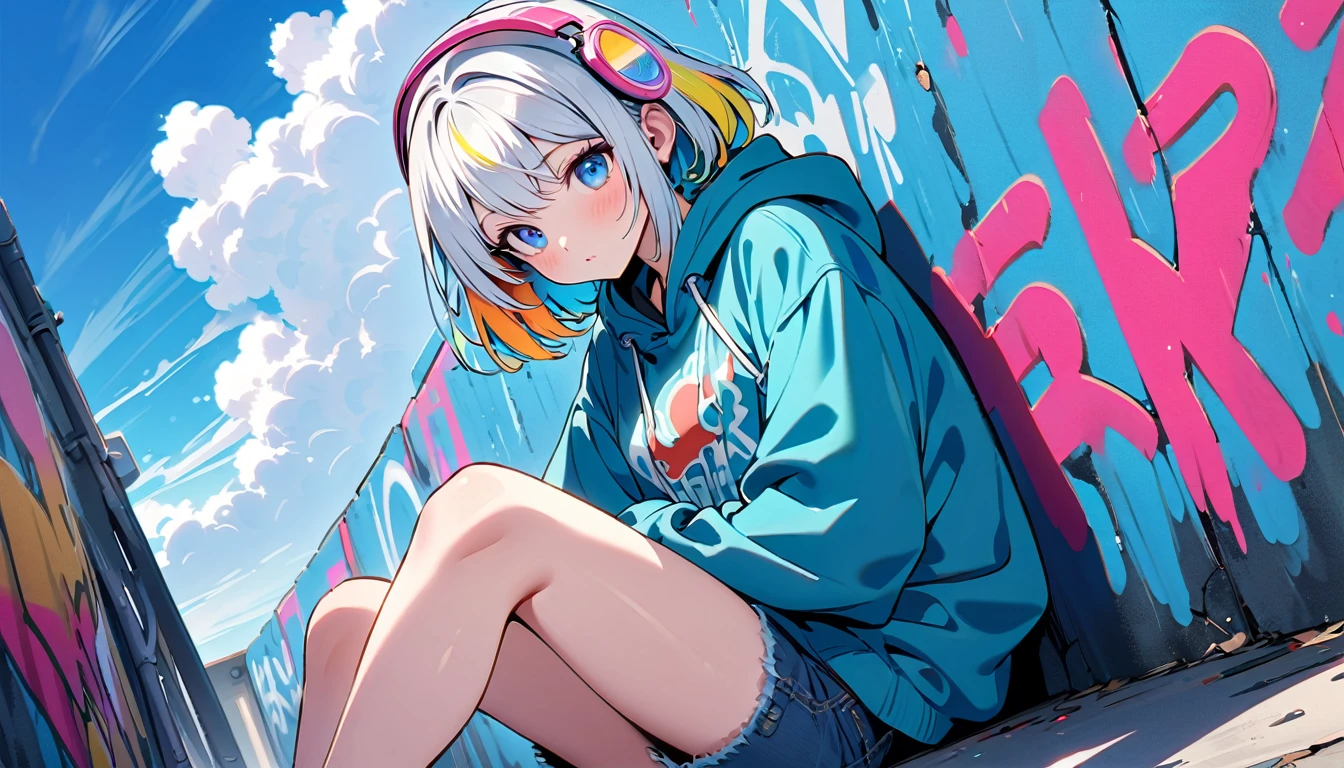 HD 8k Handsome sexy Cute, Solitary, 1 female, Medium Length Hair, white hair, Rainbow hair, blue Eyes, Rainbow headphone, hoodie, colored hoodie, denim shorts, sneakers, Human focus, outdoor, blue sky, White clouds, graffiti Popularity spray art wall,