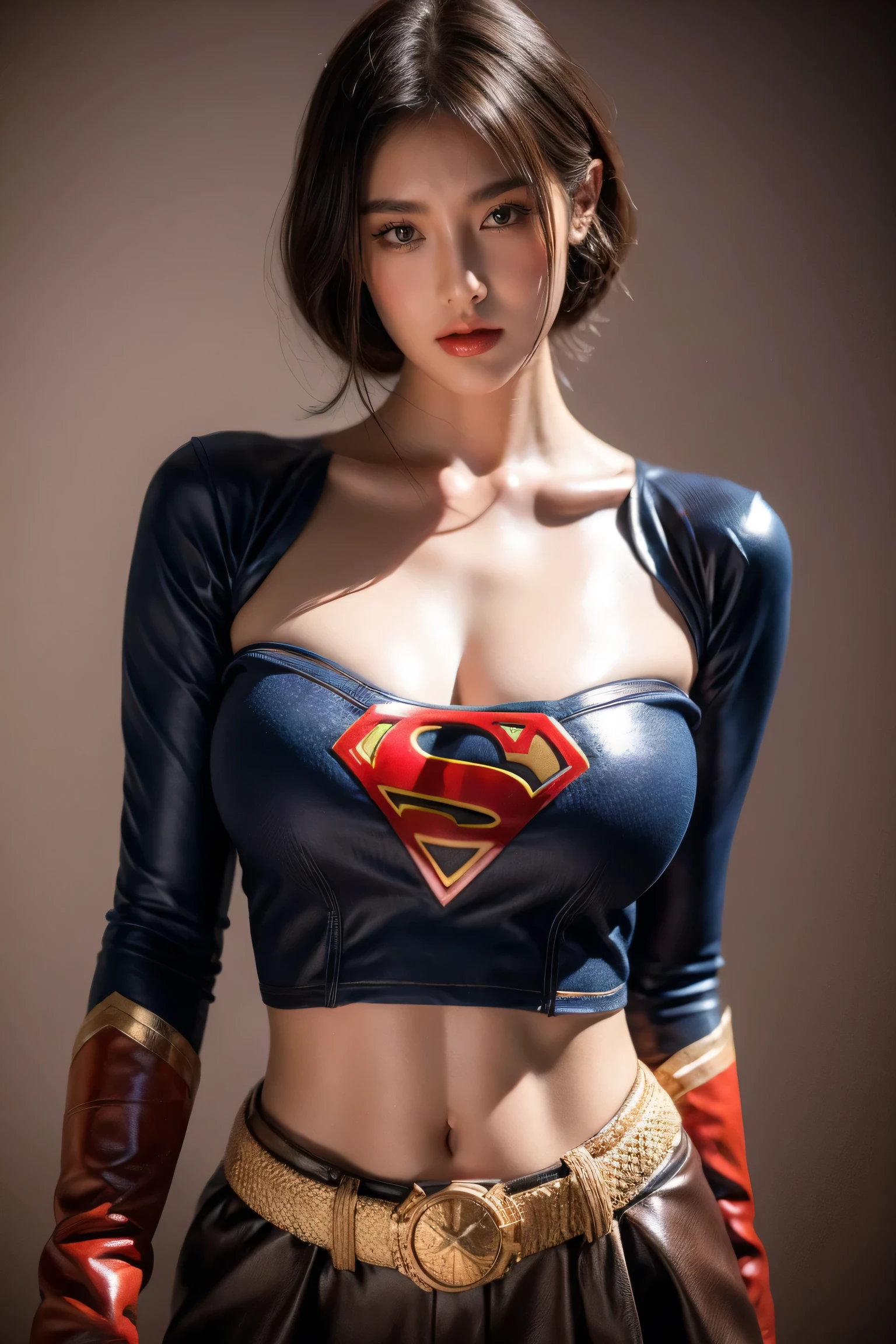 Beautiful woman short hair defined body big breasts, wearing Supergirl cosplay