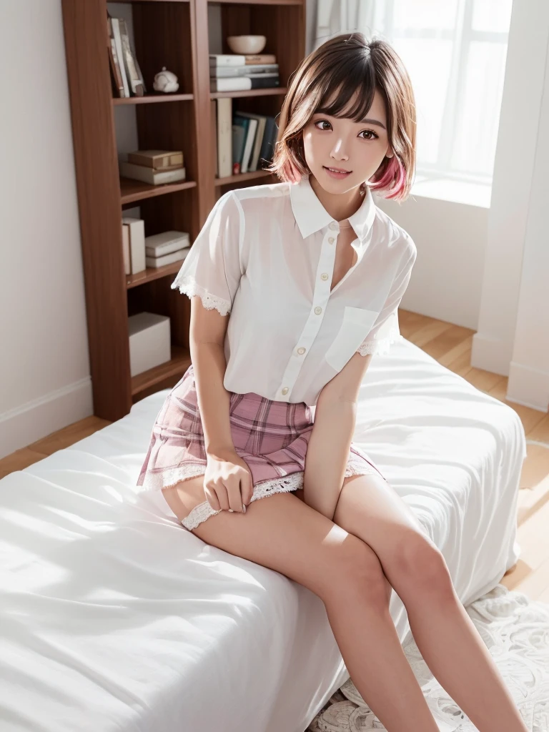 (Highest quality:1.9)、(High resolution)、Live-action image quality、((19 year old female university student、1 person))、Soft lighting by a professional photographer、Natural light、((Very spacious white luxurious room:1.6))、((Bright white room:1.6))、(Sitting on a very luxurious white bed:1.2)、(White Bookcase:1.1)、Natural soft light、((Black Hair Color:1.1))、Fair skin、Detailed Eyes、double eyelid、Slightly puffy cheeks、((Small Face:1.0))、((Pink lace short sleeve shirt、Checked mini skirt、Please wear it with the chest open.:1.7))、(smile)、((Girly pose 1.8))、((short hair:1.1))、((Full Body Shot:1.2))、((Height: 145cm))、Hands in front、Hide your hands between your legs、bangs、