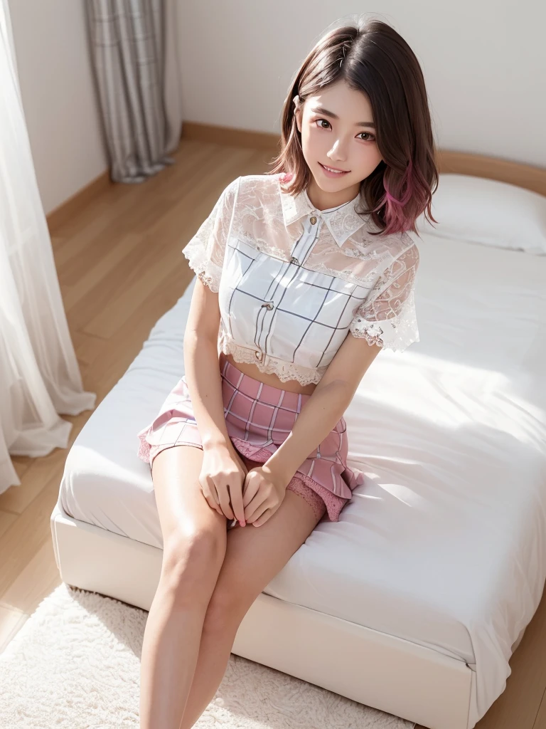 (Highest quality:1.9)、(High resolution)、Live-action image quality、((19 year old female university student、1 person))、Soft lighting by a professional photographer、Natural light、((Very spacious white luxurious room:1.6))、((Bright white room:1.6))、(Sitting on a very luxurious white bed:1.2)、(White Bookcase:1.1)、Natural soft light、((Black Hair Color:1.1))、Fair skin、Detailed Eyes、double eyelid、Slightly puffy cheeks、((Small Face:1.0))、((Pink lace short sleeve shirt、Checked mini skirt、Please wear it with the chest open.:1.7))、(smile)、((Girly pose 1.8))、((short hair:1.1))、((Full Body Shot:1.2))、((Height: 145cm))、Hands in front、Hide your hands between your legs、bangs、