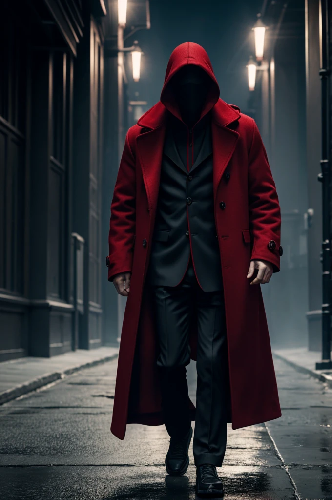 A man in a red racket-style coat is mysterious and hiding his face with a dark and scary look "8k cinematic realistic style image