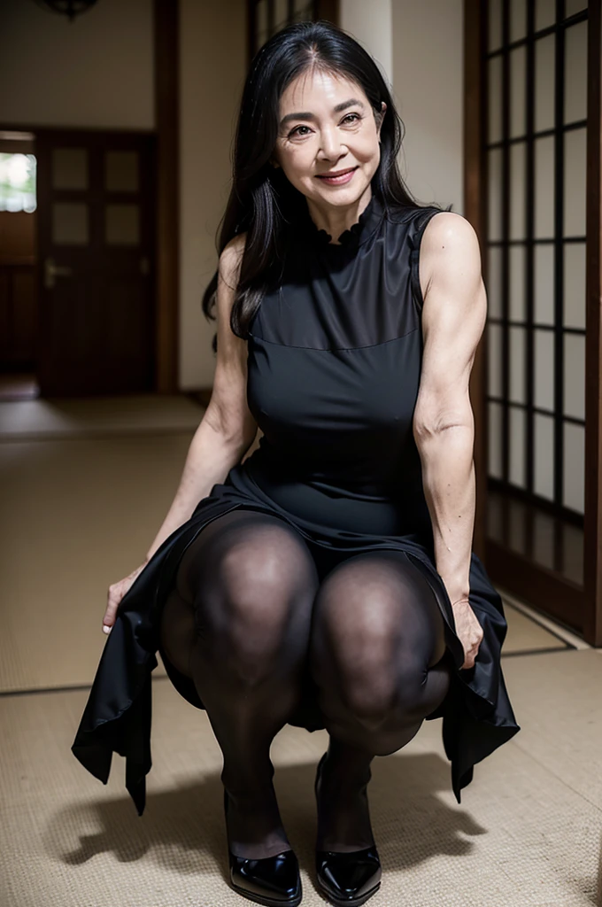 (masterpiece:1.4),(66-year-old woman:1.5),(Facial wrinkles : 1.2),A kind smile, (long hair : 1.1), (sleeveless black mourning dress), (black nylon tights : 1.2), (black high-heel), Motherhood Mature Woman, plump arms, plump thighs, (focus on thighs : 1), squatting , on knees, entrance, japanese house