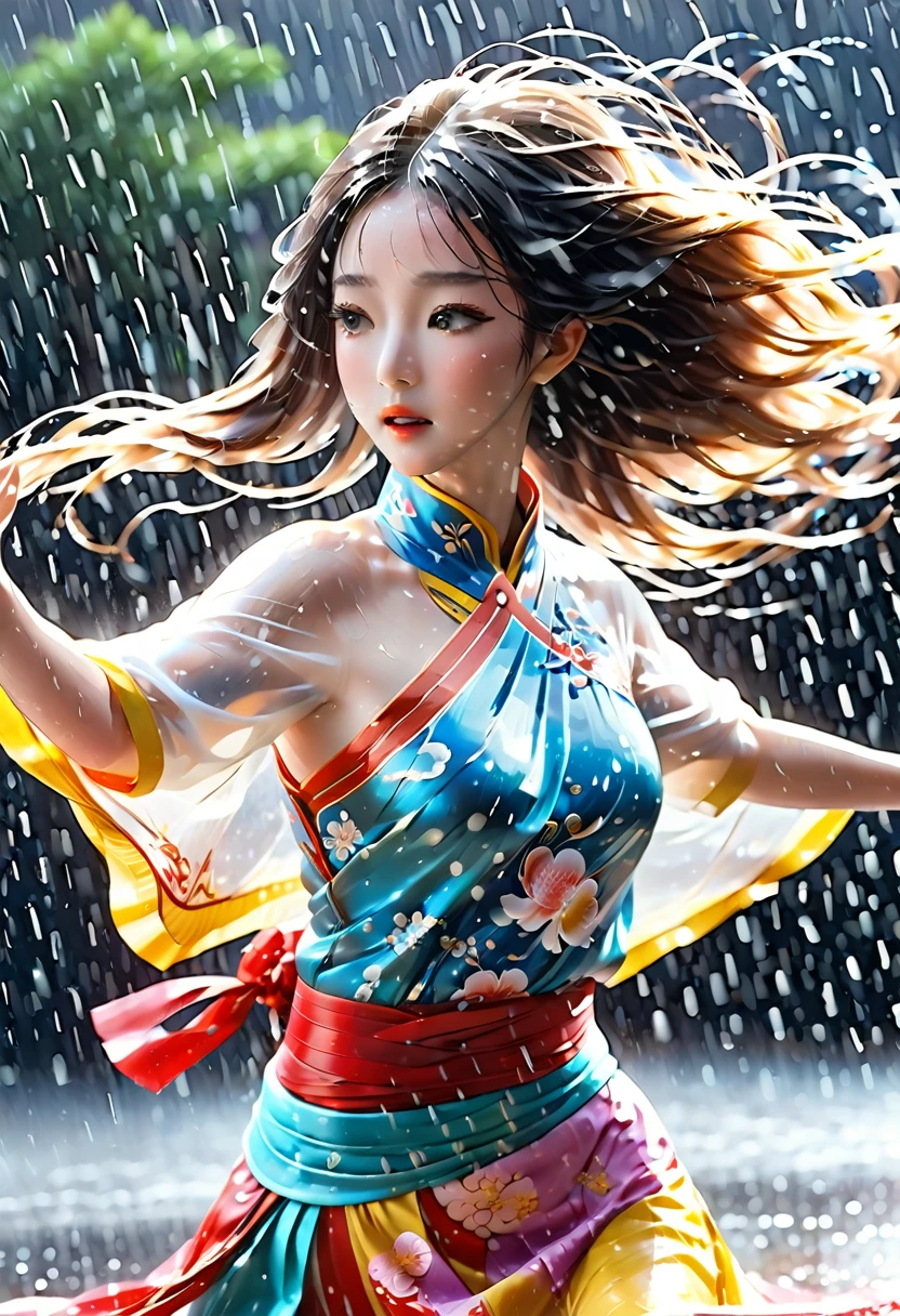 Motion Blur Motion Blur, Black and white close-up, White background, (A beautiful girl in a colorful Chinese costume is dancing in the rain), (rainstorm:1.5)，There are translucent dormant air particles at the hem of the skirt, Professional fashion photography, super macro, Abnormally long wavy hair flying wildly, Ultra-fine texture, Tilt movements of hands and face, Poster Style, The Minimalists, Nikon, Hasselblad, Canon, Fujifilm, 16K