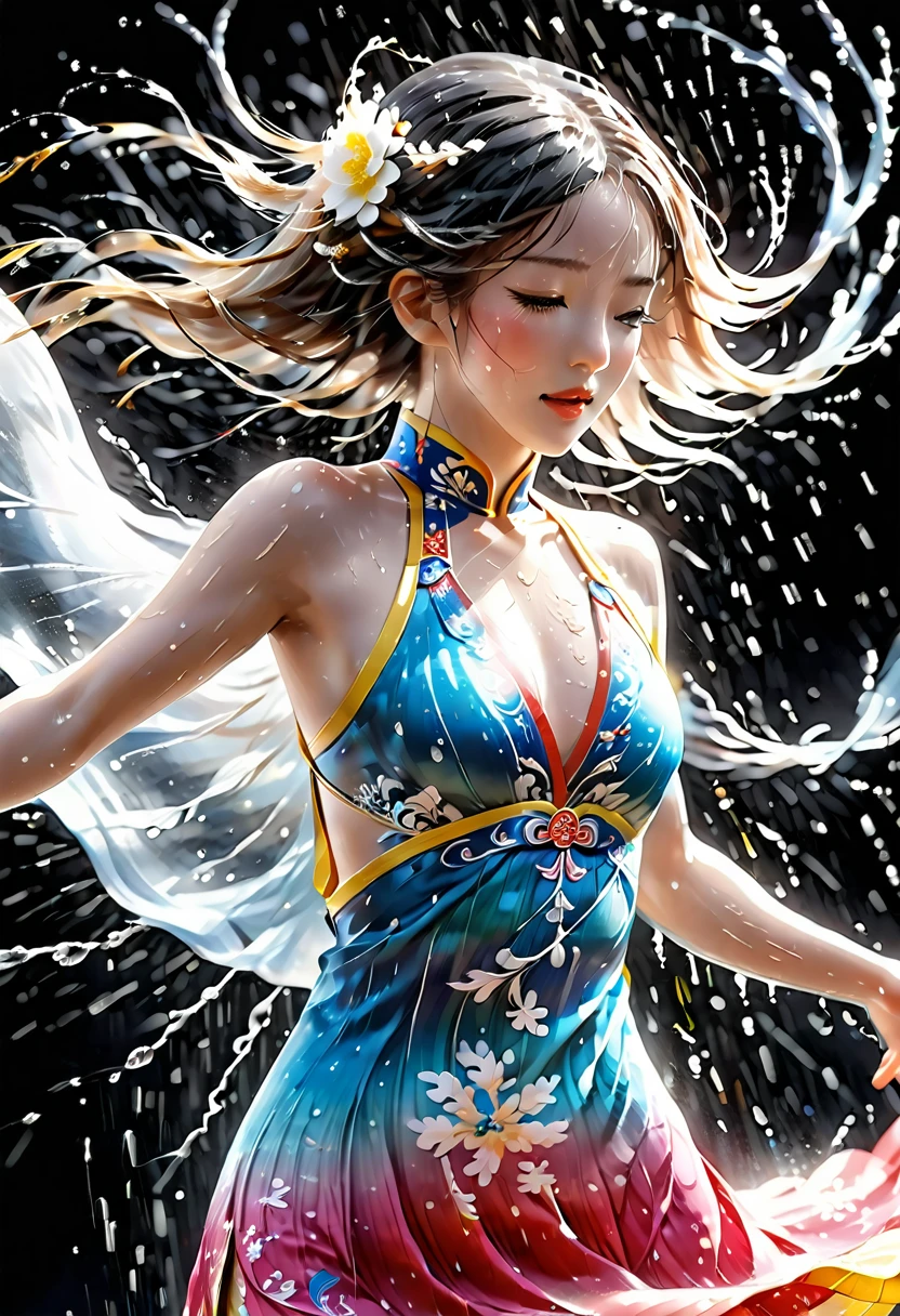 Motion Blur Motion Blur, Black and white close-up, White background, (A beautiful girl in a colorful Chinese costume is dancing in the rain), (rainstorm:1.5)，There are translucent dormant air particles at the hem of the skirt, Professional fashion photography, super macro, Abnormally long wavy hair flying wildly, Ultra-fine texture, Tilt movements of hands and face, Poster Style, The Minimalists, Nikon, Hasselblad, Canon, Fujifilm, 16K