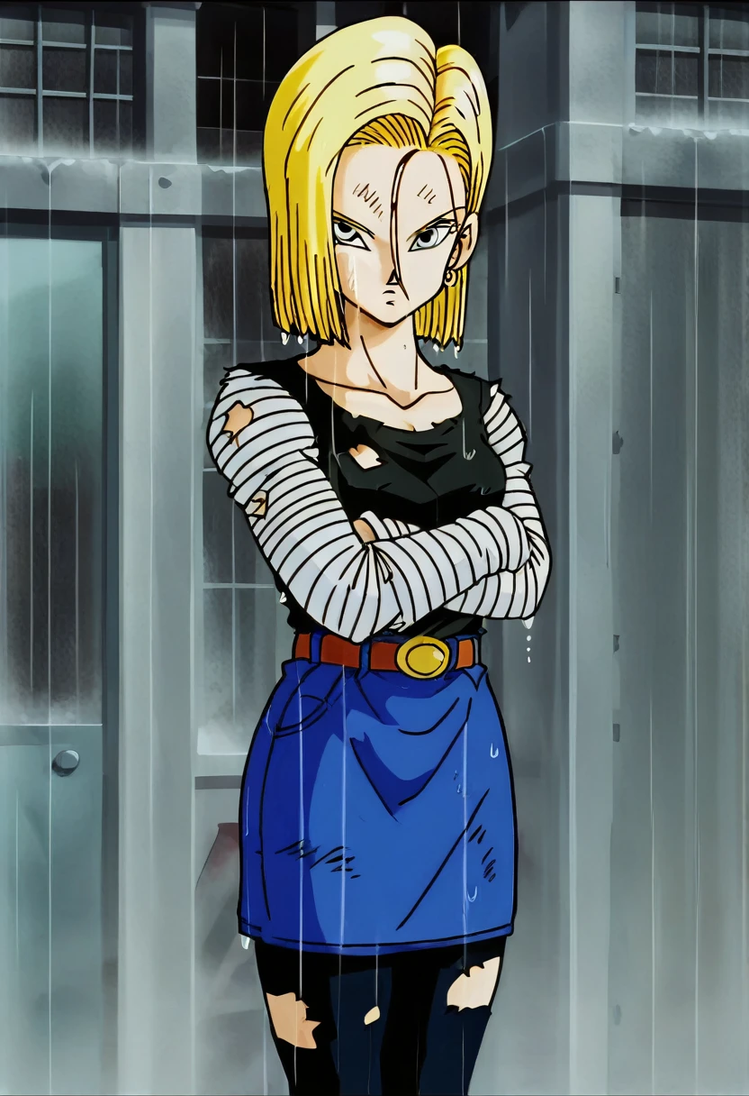 sauce_anime, score_9, score_8_superior, score_7_superior, anime screencap,
Detailed face, Android 18, Classic look, One girl, alone, View your viewers, short hair, blue eyes, Blonde, clavicle, Are standing, arms by side, anger, Cowboy Shot, City in Ruins, Wet Hair, rain, Torn Shirt, One shoulder exposed, Hoop Earrings, Black Shirt, Striped sleeves, belt, Denim skirt, Black Pantyhose, Messy Hair, 
