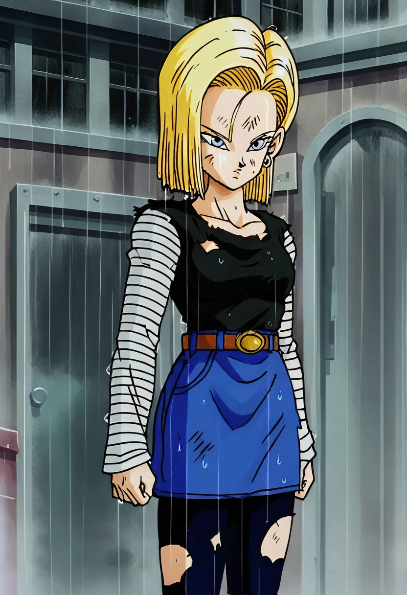 sauce_anime, score_9, score_8_superior, score_7_superior, anime screencap,
Detailed face, Android 18, Classic look, One girl, alone, View your viewers, short hair, blue eyes, Blonde, clavicle, Are standing, arms by side, anger, Cowboy Shot, City in Ruins, Wet Hair, rain, Torn Shirt, One shoulder exposed, Hoop Earrings, Black Shirt, Striped sleeves, belt, Denim skirt, Black Pantyhose, Messy Hair,