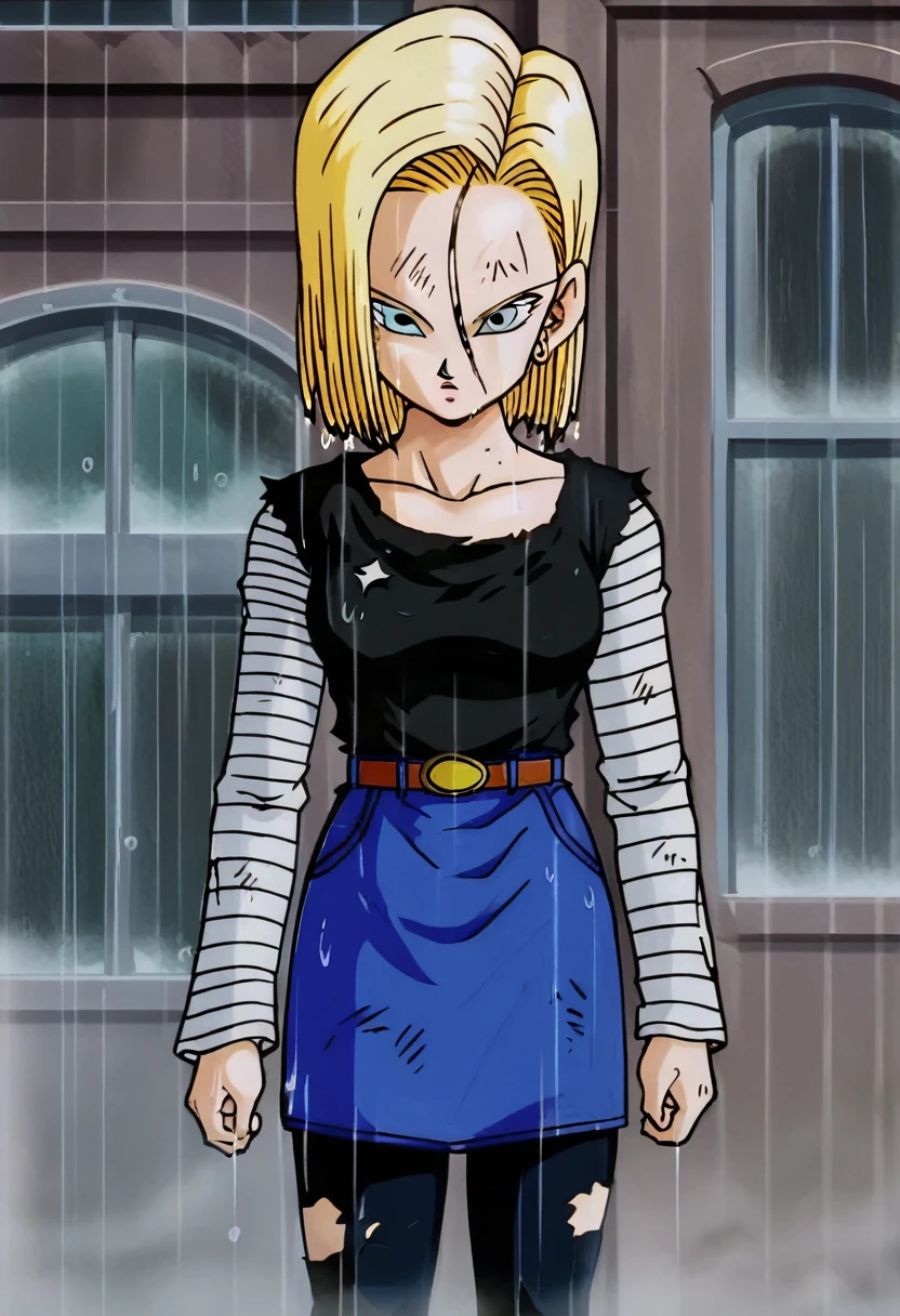 sauce_anime, score_9, score_8_superior, score_7_superior, anime screencap,
Detailed face, Android 18, Classic look, One girl, alone, View your viewers, short hair, blue eyes, Blonde, clavicle, Are standing, arms by side, anger, Cowboy Shot, City in Ruins, Wet Hair, rain, Torn Shirt, One shoulder exposed, Hoop Earrings, Black Shirt, Striped sleeves, belt, Denim skirt, Black Pantyhose, Messy Hair, 
