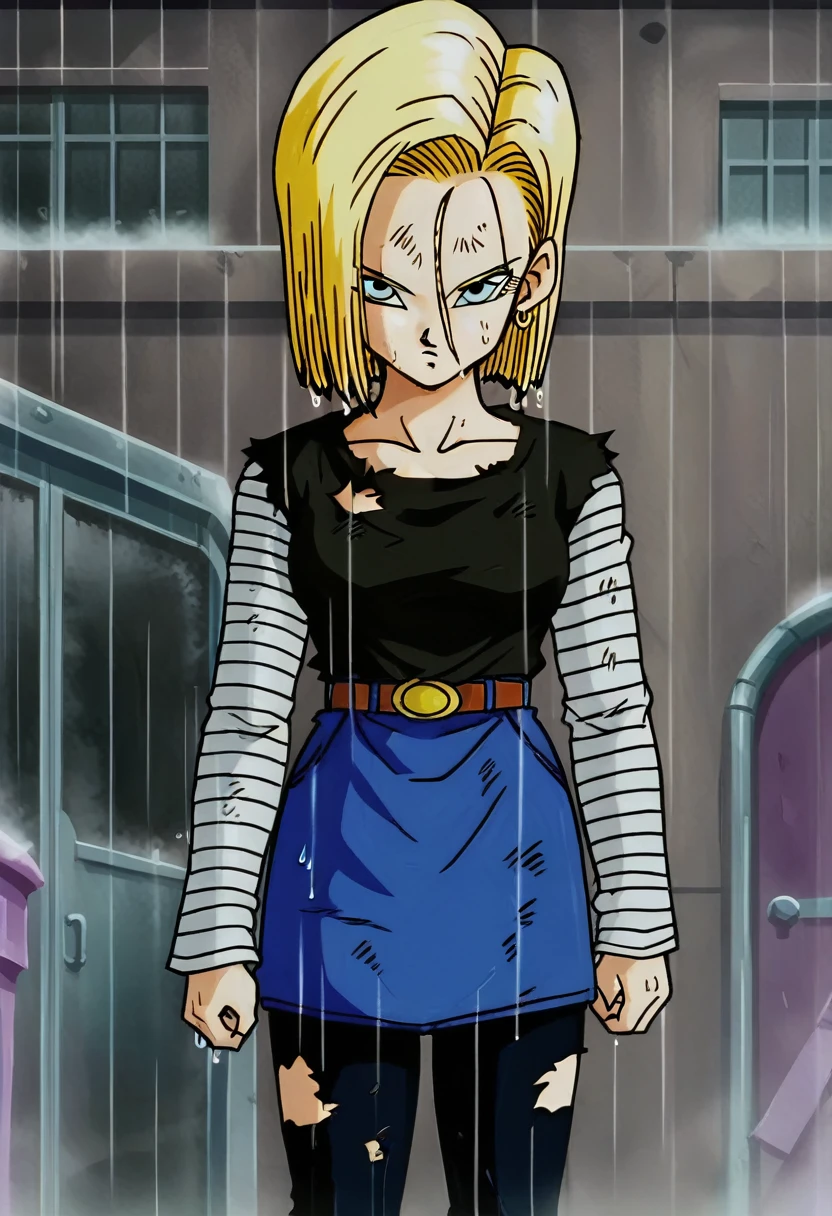 sauce_anime, score_9, score_8_superior, score_7_superior, anime screencap,
Detailed face, Android 18, Classic look, One girl, alone, View your viewers, short hair, blue eyes, Blonde, clavicle, Are standing, arms by side, anger, Cowboy Shot, City in Ruins, Wet Hair, rain, Torn Shirt, One shoulder exposed, Hoop Earrings, Black Shirt, Striped sleeves, belt, Denim skirt, Black Pantyhose, Messy Hair,