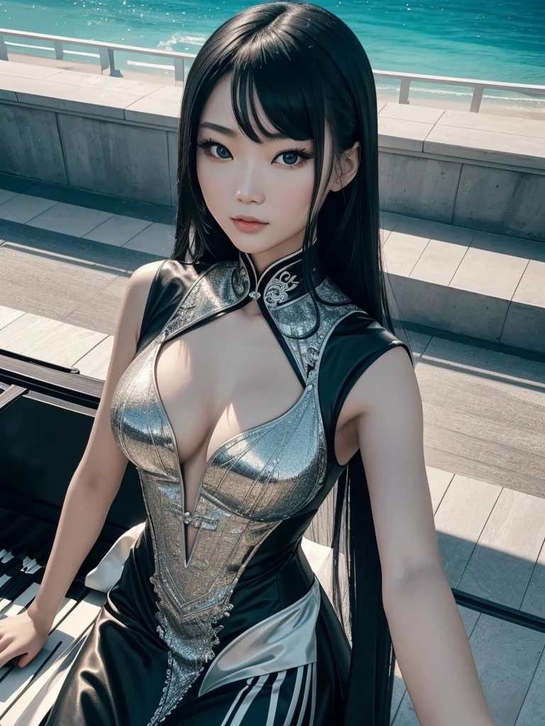   selfie, Chinese people,  calm face, 1 woman playing piano wearing futuristic gothic party dress white gold black bacground on balcony of european house and lime green beach,  full HD, 16k, high contrast, high saturation, hyper realistic photos, good light, Nice face and very detailed