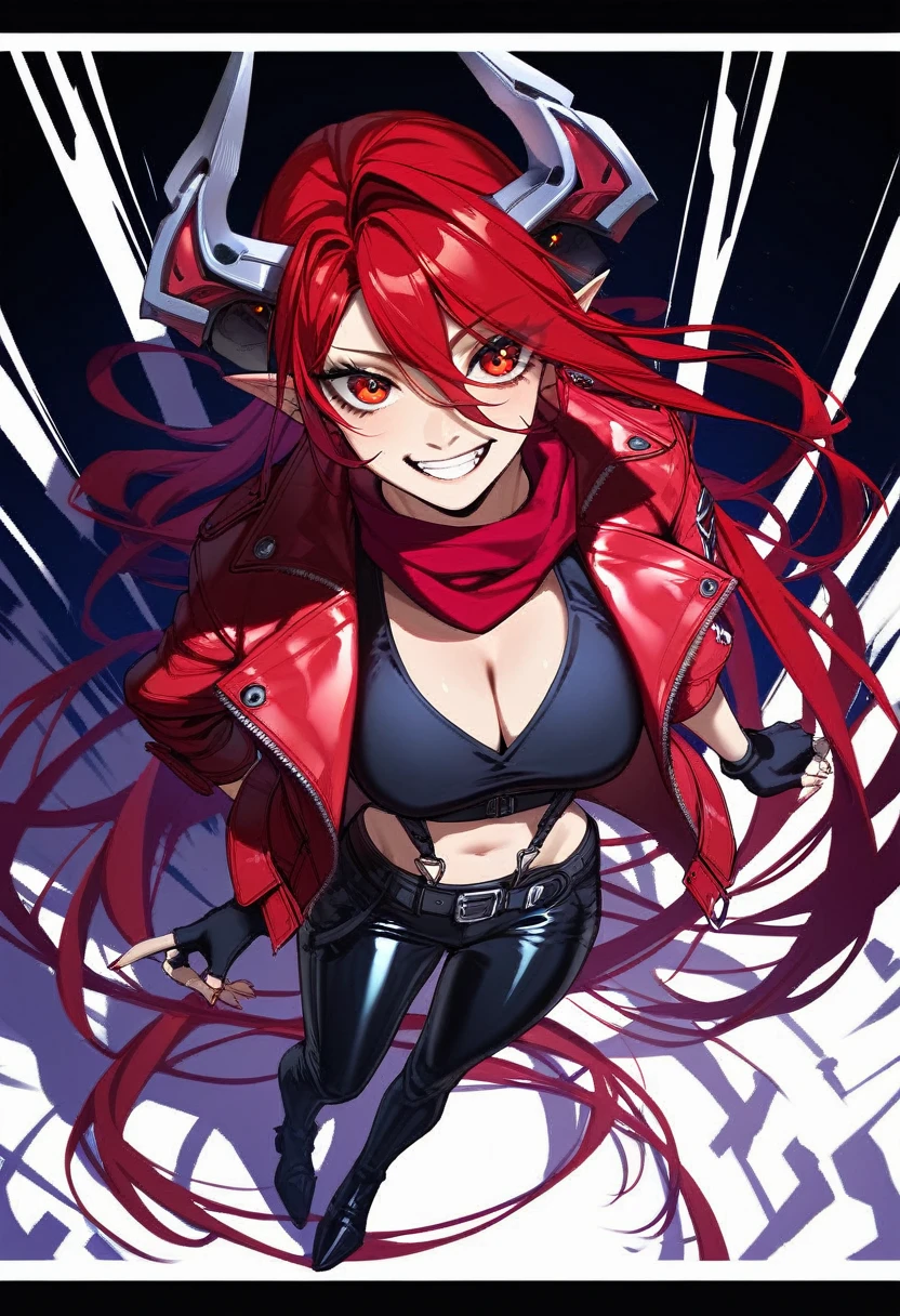 score_9, score_8_up, score_7_up, insanity-angle, 1girl, letterboxed, redhoodx, very long hair, mechanical horns
red jacket, cropped jacket, red scarf, unzipped bodysuit, suspenders, black pants, belt, fingerless gloves, asymmetrical legwear, hip vent, midriff, high heel boots