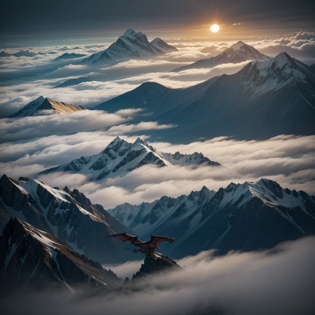 many mountain peaks, hazy clouds, weak sun, a dragon flying in the clouds in the background, high quality, Full hd