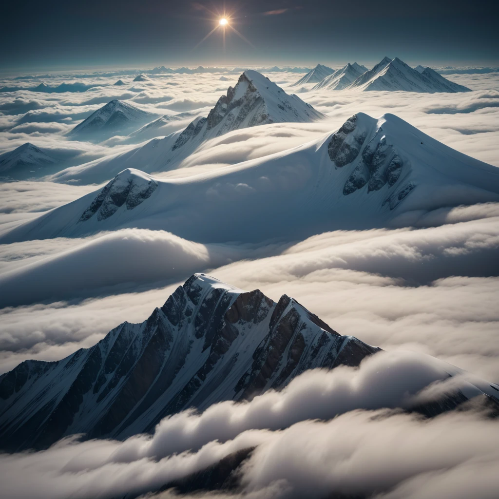 many mountain peaks, hazy clouds, weak sun, a dragon flying in the clouds in the background, high quality, Full hd