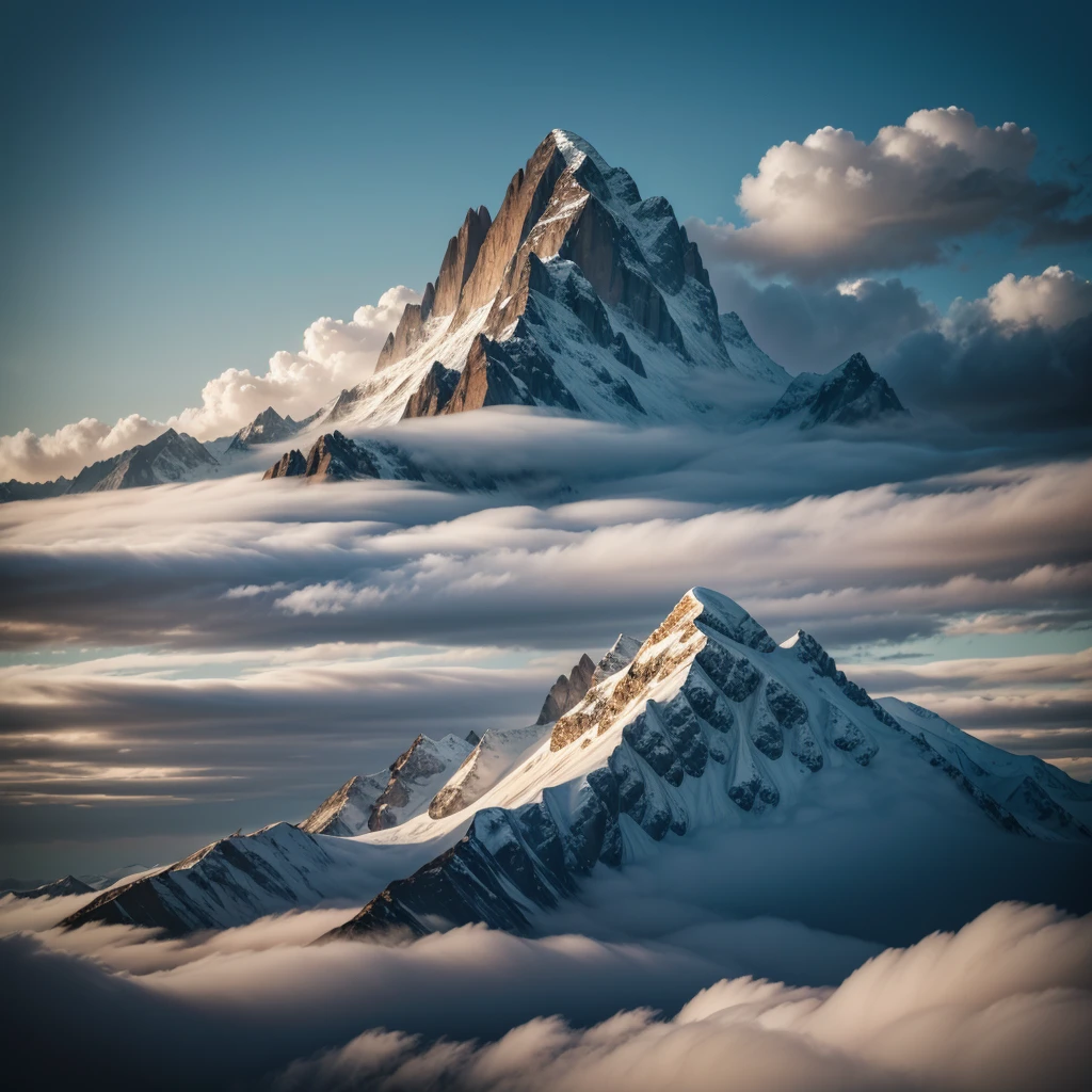 many mountain peaks, hazy clouds, weak sun, a dragon flying in the clouds in the background, high quality, Full hd