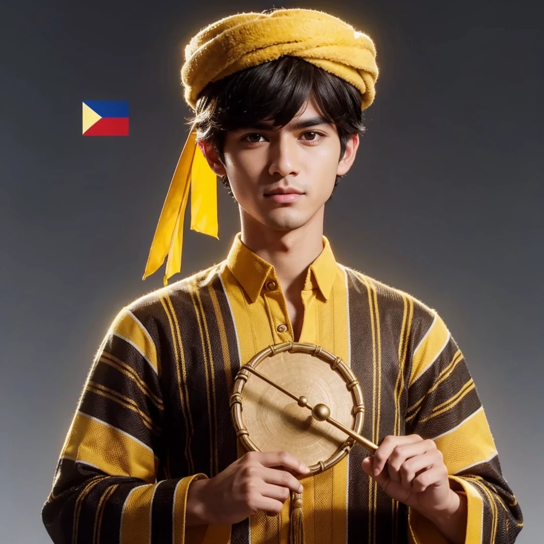 Handsome boy, black hair, brown eyes, yellow headdress, black and yellow polo, holding a small gong