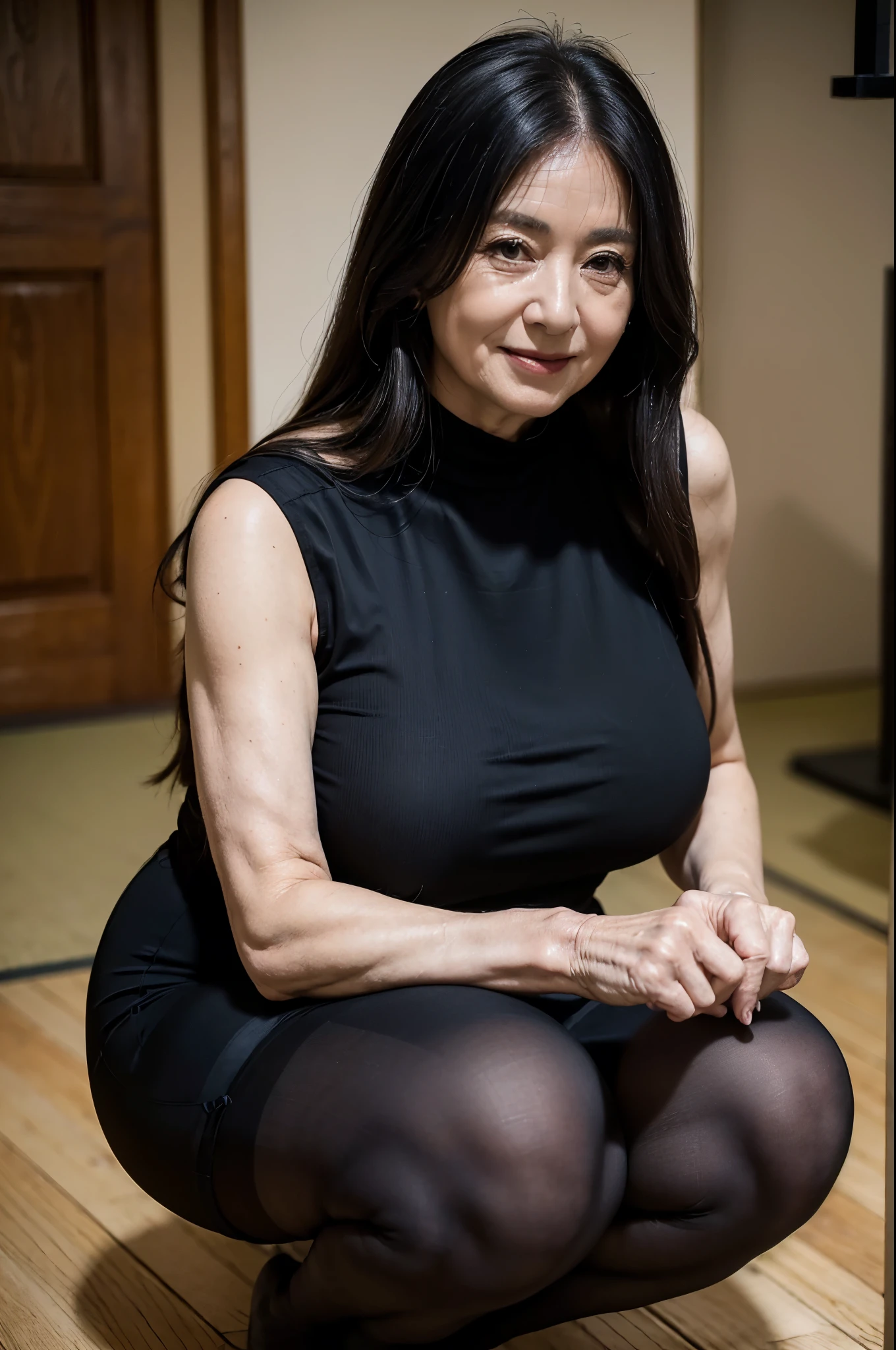 (masterpiece:1.4),(66-year-old woman:1.5),(Facial wrinkles : 1.2),A kind smile, (long hair : 1.1), (sleeveless black mourning dress), (black nylon tights : 1.2), Motherhood Mature Woman, plump arms, plump thighs, (focus on thighs : 1), squatting , on knees, entrance, hall way, japanese house