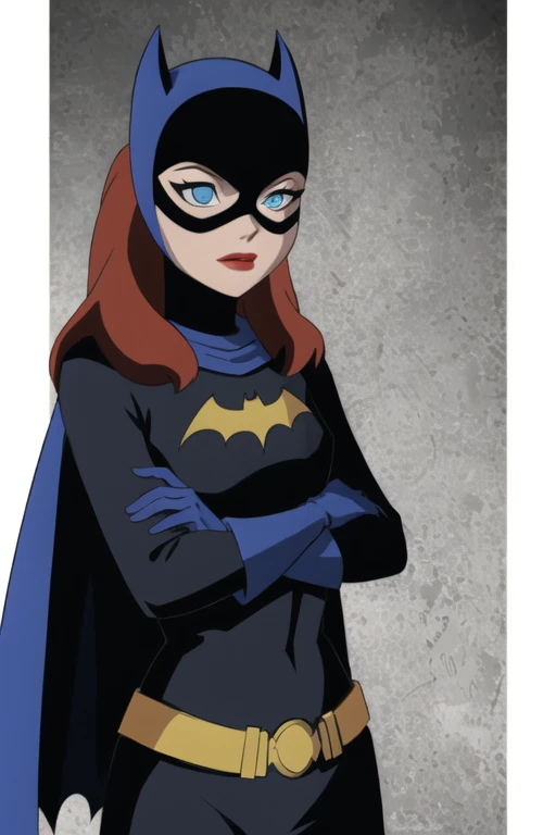 BarbaraG, 1girl, solo, cape, mask, belt, gloves, blue eyes, superhero, long hair, bodysuit, lipstick, batgirl,