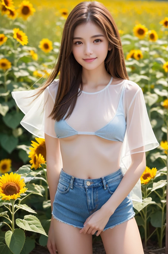 (((See-through white short-sleeved blouse))) ,(1若い女の子Very detailed美しい顔), (((Natural Makeup))),Great face and great quality:1.4), (Ultra-detailed), (Very detailed CG 統合 8k 壁紙), Very detailed,21 years old, High resolution raw color photos, Professional photography, Realistic portraits, Great face and eyes, Brown eyes,((Denim swimsuit)),(((Straight medium brown hair))), model, Depth of written boundary,,sit,smile,(Blue underwear),(((Quite small breasts))),(Small blue shorts),Spread your knees wide,,Sunflower field