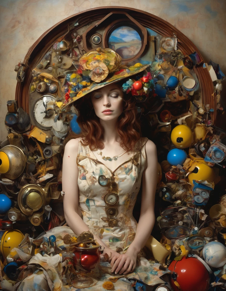full body,a sculpture of a woman surrounded by assorted objects, inspired by Salvador Dali, the album is called Tripmachine, music, memory trapped in Eternal Time, Annie Liebowitz, face of mad Pulcinella, [[fantasy]], Sandra Chevrier and John Hoyland, album, father time, ( ( ( surrealism ) ) ), profile pic, instrument. epic realism, atmospheric impressionism, film dramatic realism, pre-raphaelite realism, low tone photography, hard focus realism 