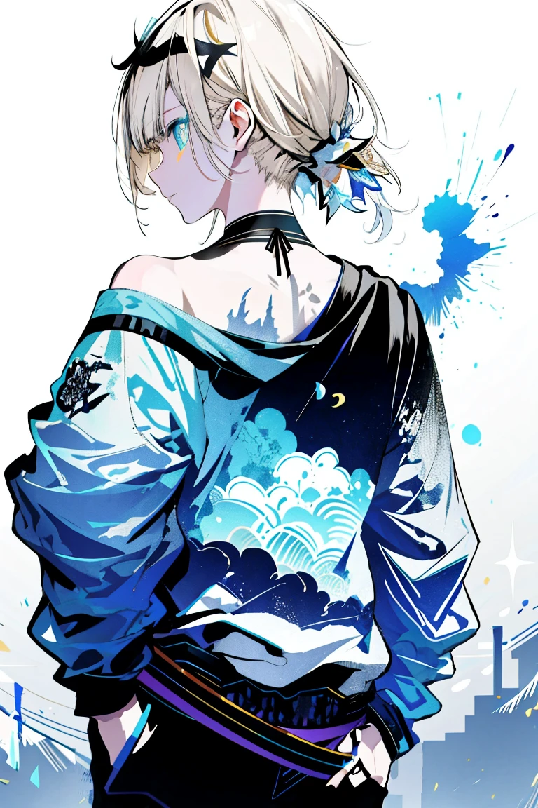 One Girl,Back Shadow Splatter,paint splatter sweatshirt,Off-the-shoulder wear,,Alchemy Research Institute,Mysteries of the Uncharted Territories,Put your hands in your pockets,iris,game scene graph, Rain street background、Golden Hair、kazama iroha