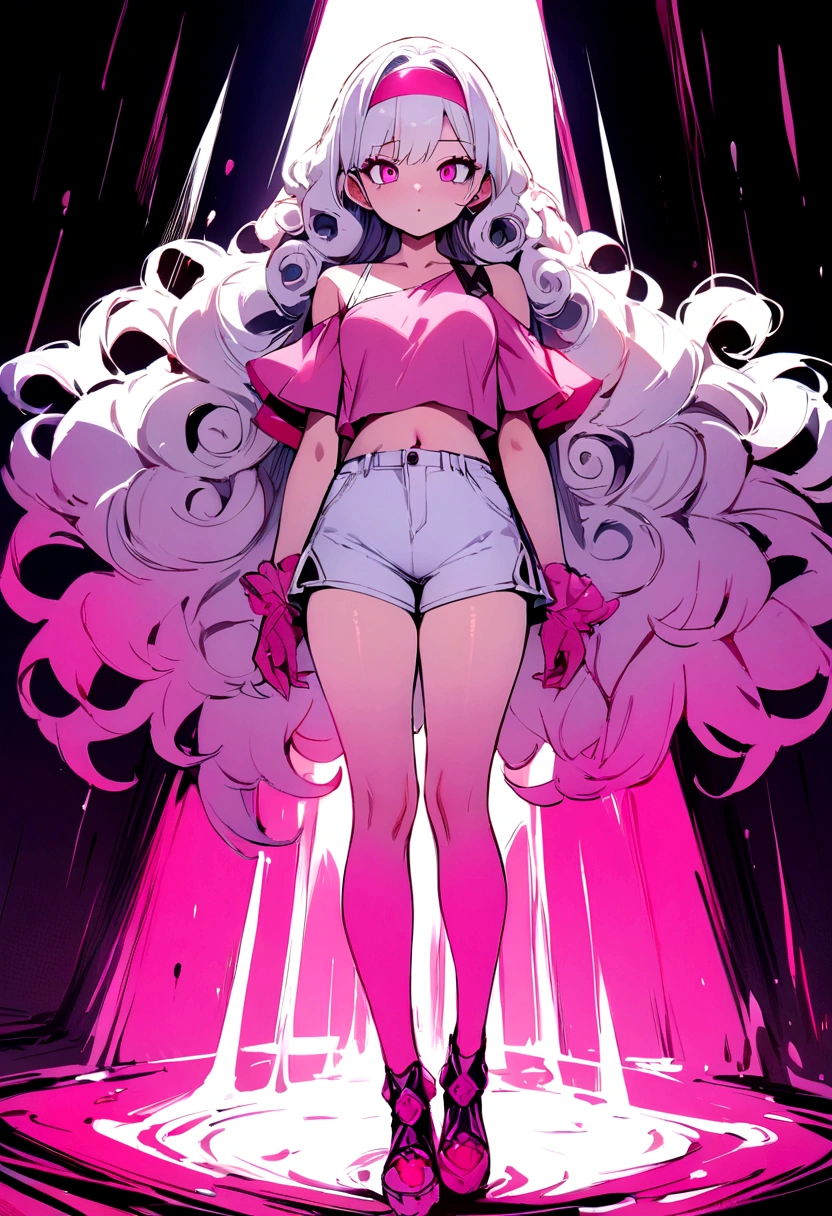 ((best quality)), ((masterpiece)), (detailed), 1girl, curly hair, white hair, long hair, pink headband, pink eyes, white shorts, pink one-shouldered top, full body shot,
