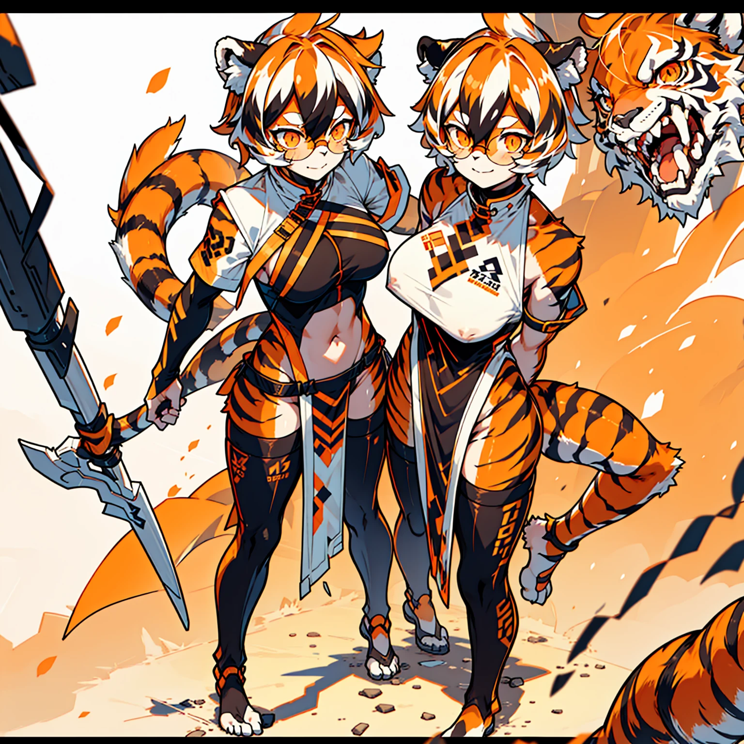 white background, full body, solo, Standing, heading up, proud , young girl, animal ears, arknights, white hair, black hair, round eyewear, glasses, OPPEIN, short hair, large breasts, muscle,tail, orange eyes, orange hair, multicolored hair, tiger girl, furry female, hair between eyes, tiger_ears, tiger_tail, waai_fu, orange-tinted_eyewear, tinted_eyewear, Sophorae, ワイフー, waai_fu_arknights, tattoo, petite, neck tattoo, big breasts, stomach tattoo, bra, panties, evil smile, Shadows under feet,text,