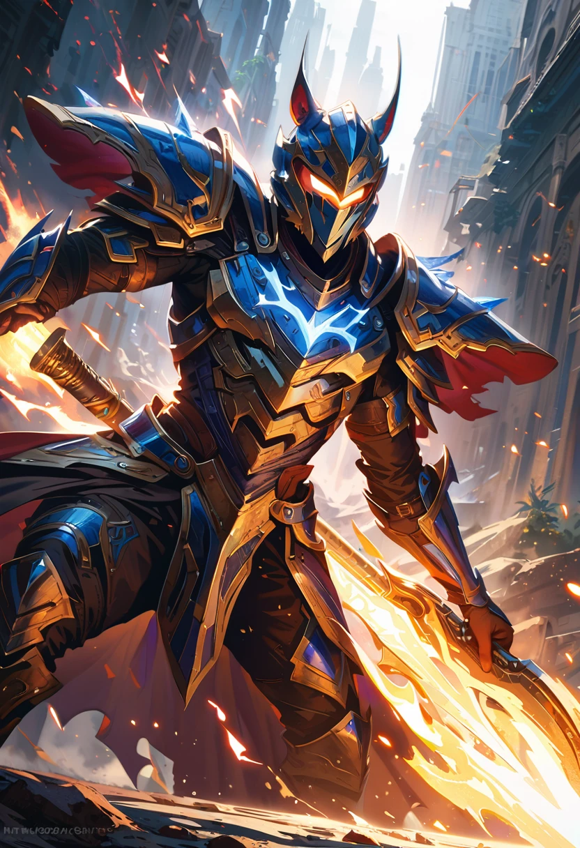 a fantasy warrior with a tiger helmet, shining holy armor, ice elemental, highly detailed, digital painting, cinematic lighting, dramatic pose, ultra-realistic, volumetric lighting, photorealistic, 8k, HDR, intricate details, masterpiece, long javelin, dynamic pose