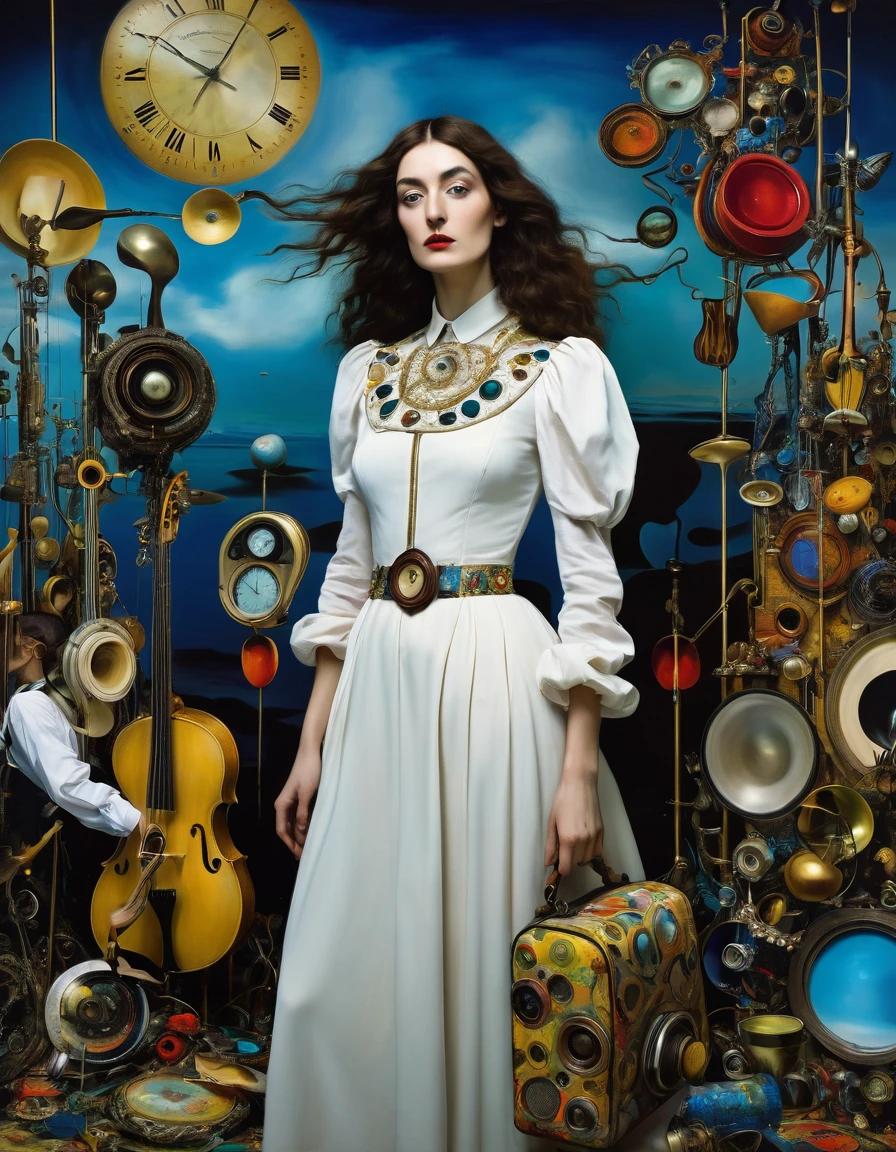 full body, a woman surrounded by assorted objects, inspired by Salvador Dali, the album is called Tripmachine, music, memory trapped in Eternal Time, Annie Liebowitz, face of mad Pulcinella, [[fantasy]], Sandra Chevrier and John Hoyland, album, father time, ( ( ( surrealism ) ) ), profile pic, instrument. epic realism, atmospheric impressionism, film dramatic realism, pre-raphaelite realism, low tone photography, hard focus realism 