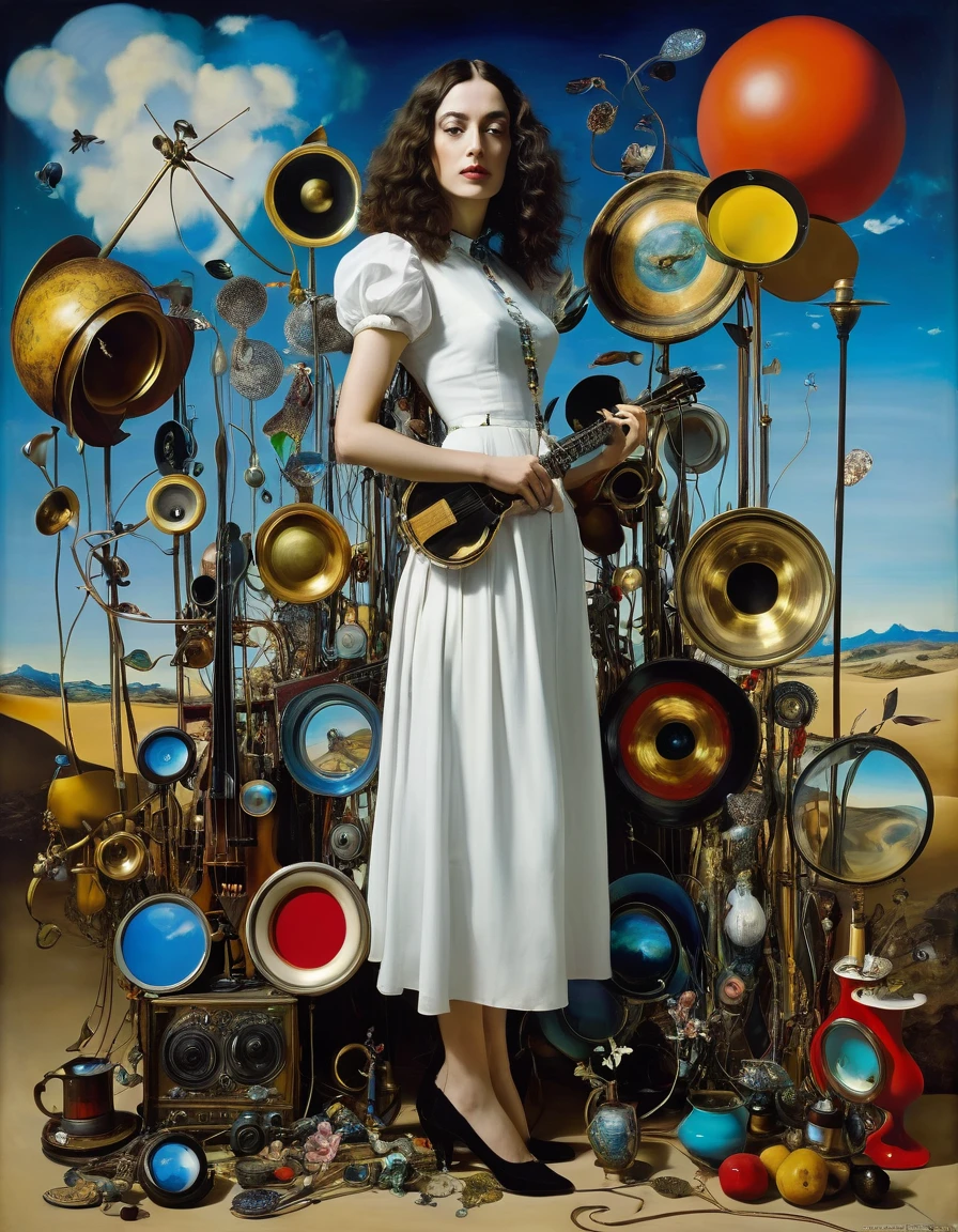 full body, a woman surrounded by assorted objects, inspired by Salvador Dali, the album is called Tripmachine, music, memory trapped in Eternal Time, Annie Liebowitz, face of mad Pulcinella, [[fantasy]], Sandra Chevrier and John Hoyland, album, father time, ( ( ( surrealism ) ) ), profile pic, instrument. epic realism, atmospheric impressionism, film dramatic realism, pre-raphaelite realism, low tone photography, hard focus realism 
