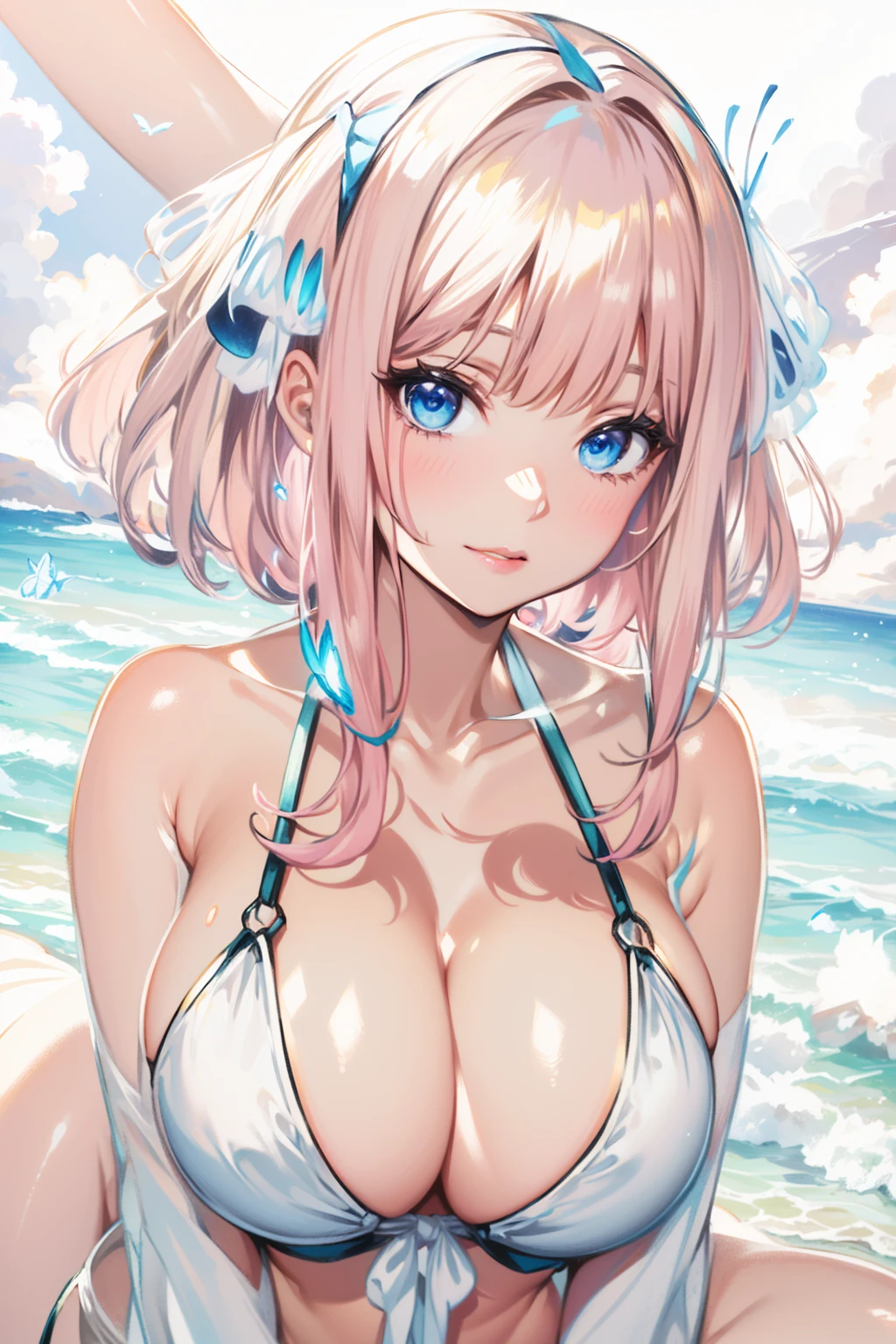 absurd, 8K, high resolution, ultra detailed, beautiful, masterpiece, best quality, very pretty woman, young, blonde hair, (very big breasts: 1.3), detailed woman's face, very attractive, on the beach, white bikini, Nino_N, pink hair, bangs, blue eyes, hair ornament, butterfly hair ornament