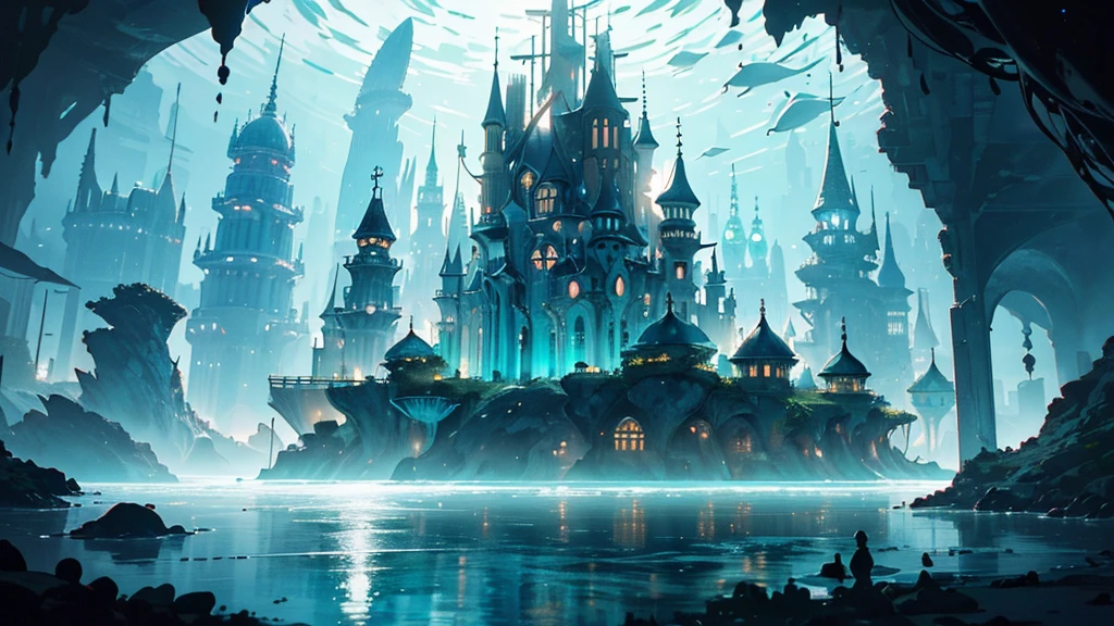 ((This prompt should help emphasize the high-resolution quality while recreating the image.))"A fantastical and serene deep-sea city scene viewed from the ocean floor looking up towards the water surface. The city is very large with futuristic buildings, domes, and spires, completely submerged in clear emerald green water. The scene has a magical and tranquil atmosphere, with soft glowing lights illuminating the city. The water is deep, creating a darker and more mysterious environment. In the background, the silhouette of a whale can be seen. The city is surrounded by vibrant marine life and coral formations. The image is high-resolution and realistic, capturing the enchanting beauty of the underwater city. The aspect ratio is 16:9."
