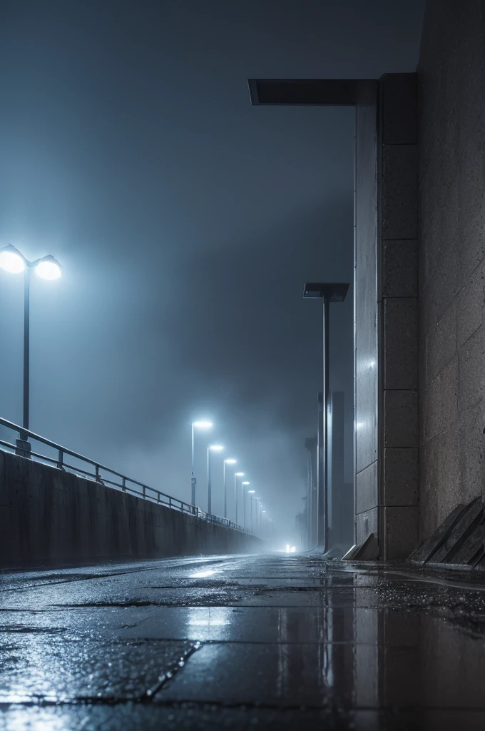 ((best quality)), ((wet asphalt)), (detailed), ((A brutalist construction)) ((with a fog)) ((low lighting with a bluish tone))  ((wet floor reflecting light )) ((Vô)) ((night)) ((the night)) ((inside))
((ultra realisitic))  ((light posts)) 