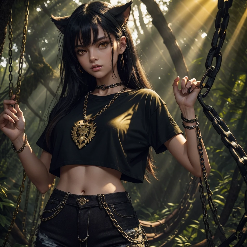 forest, catgirl, black cropped t-shirt adorned with medals and chains, black jeans adorned with chains and patches, beams of sunlight shining through the canopy, yellow eyes, calico fur, beautifully lit, insanely detailed, stunning environment