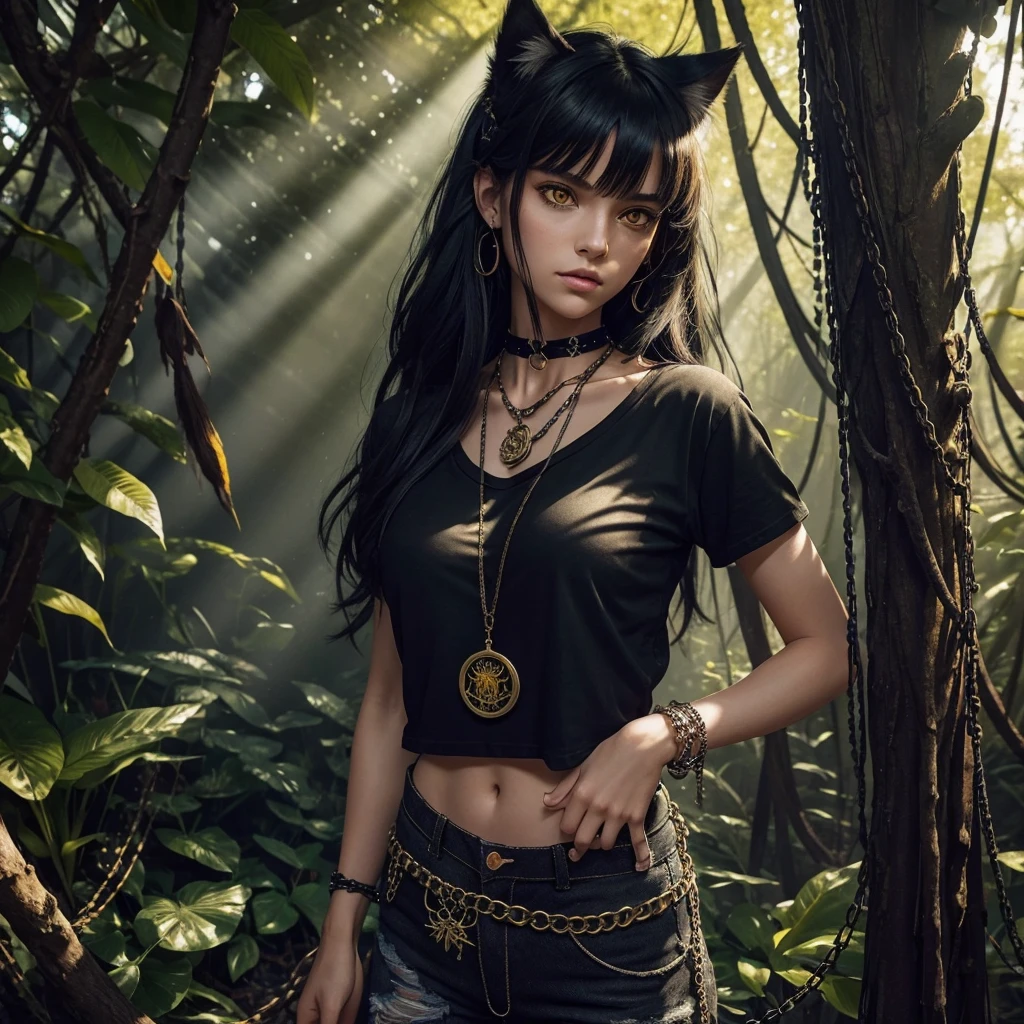 forest, catgirl, black cropped t-shirt adorned with medals and chains, black jeans adorned with chains and patches, beams of sunlight shining through the canopy, yellow eyes, calico fur, beautifully lit, insanely detailed, stunning environment