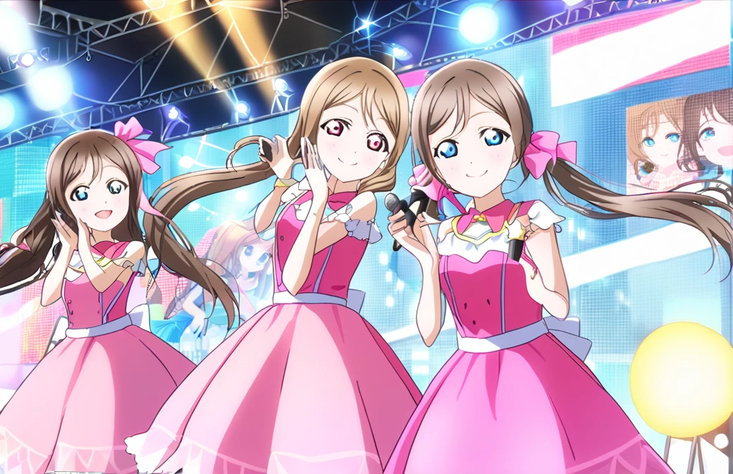 Sakurazaka Shizuku　Dark brown hair　Long Hair　Long twin tails　Light blue eyes　((１People Girls))　Pink dress　smile　Live Stage　LoveLive　microphone　one man live　Hair Ribbon