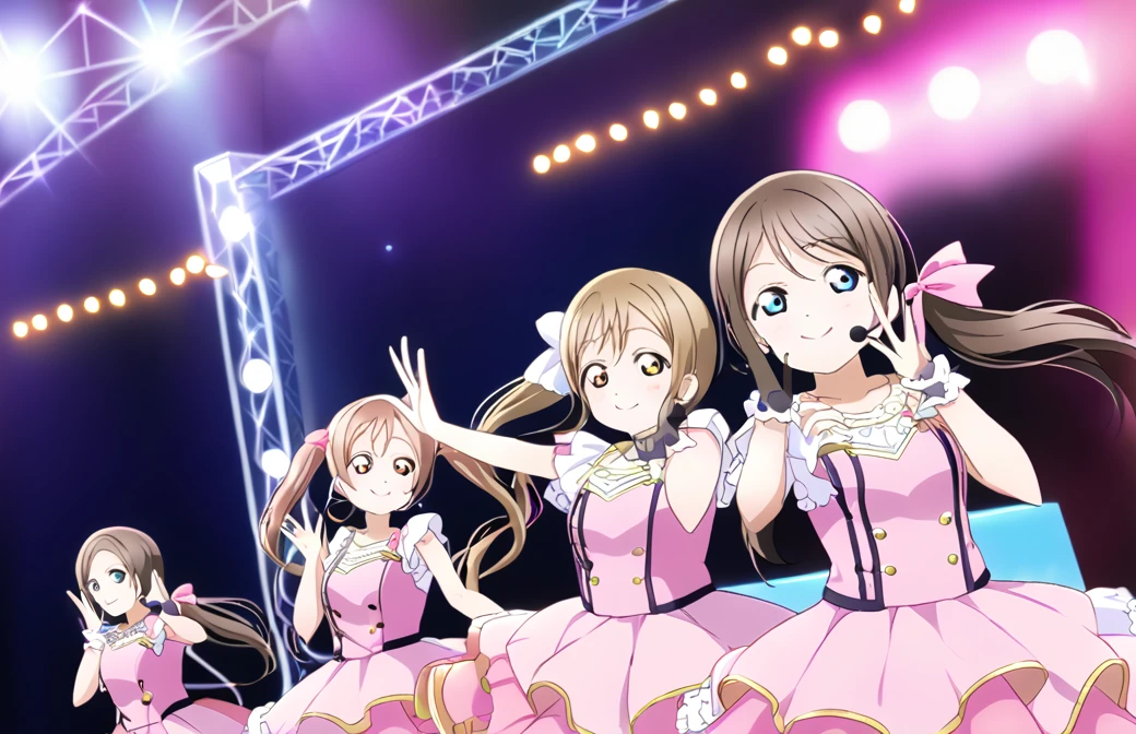 Sakurazaka Shizuku　Dark brown hair　Long Hair　Long twin tails　Light blue eyes　((１People Girls))　Pink dress　smile　Live Stage　LoveLive　microphone　one man live　Hair Ribbon