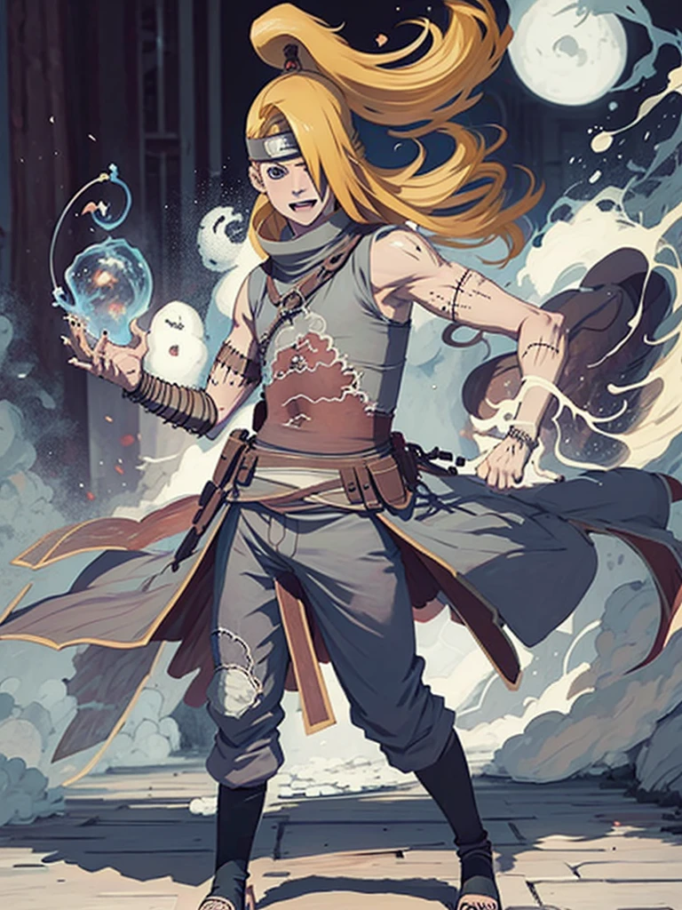 Deidara. man. 19 years. rubio. long hair. blue eyes. Long left side fringe. erect penis, chest with scar on the left side. 