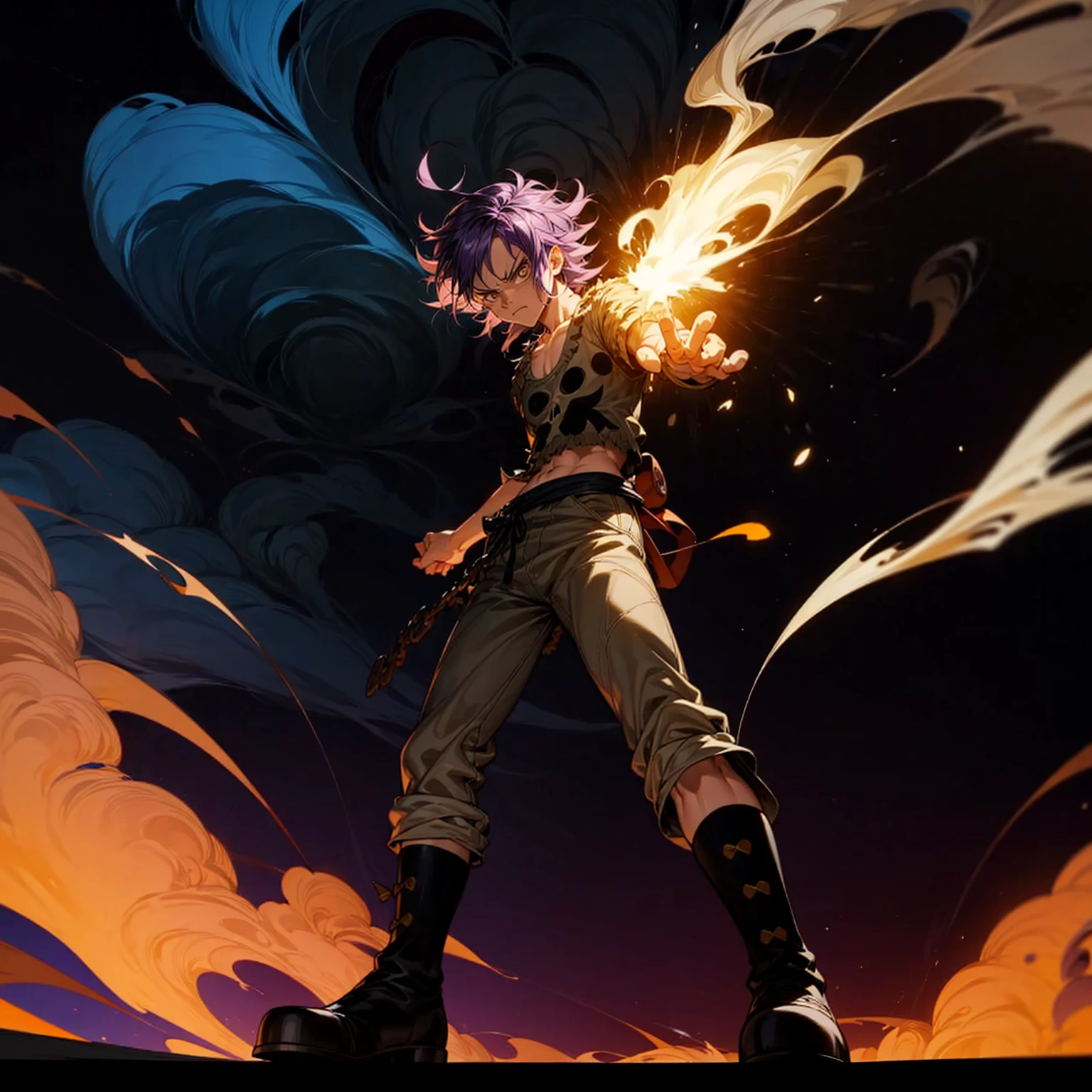 1character, full body version, character is adult male version, hazel eyes, dark purple colour hair, Shaggy hairstyle, clothing style is punk, boots, Grassroots background in city, motion blur, shadow, Black fire in hand, smoke in hand, Normal standing gesture, smoke effect, aura, lighting fire in hand, angry, Skull armor in body, (one piece style art)