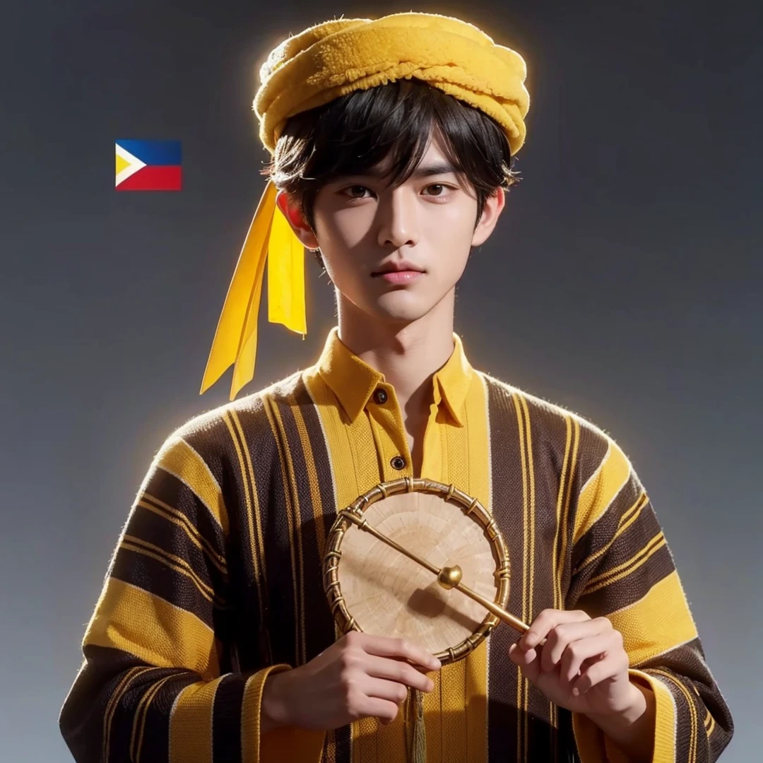 Handsome boy, black hair, brown eyes, yellow headdress, black and yellow polo, holding a small gong