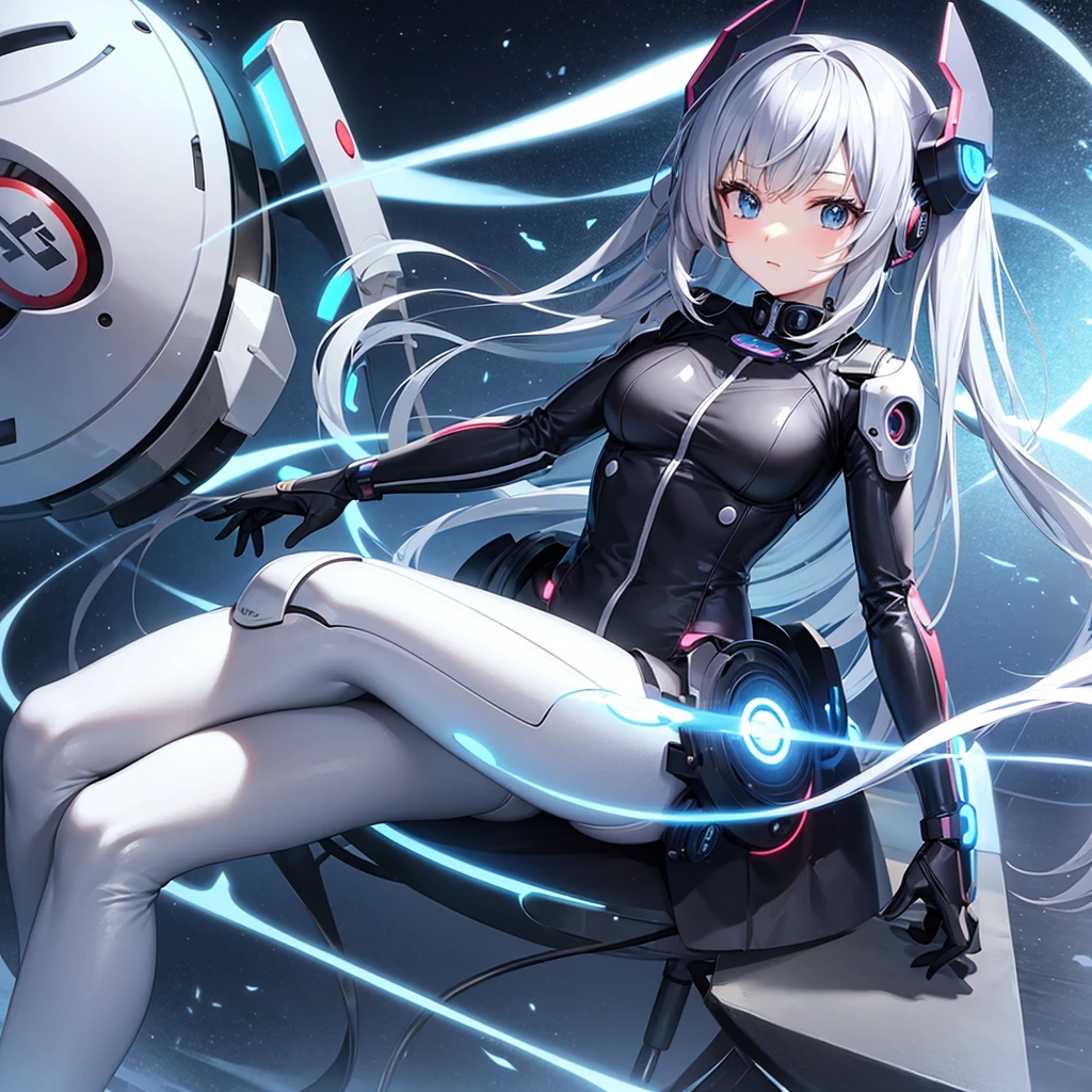 Anime girl dressed as a robot and sitting on a charging device 