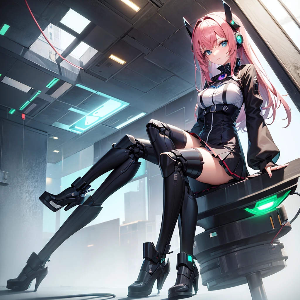 Anime girl dressed as a robot and sitting on a charging device