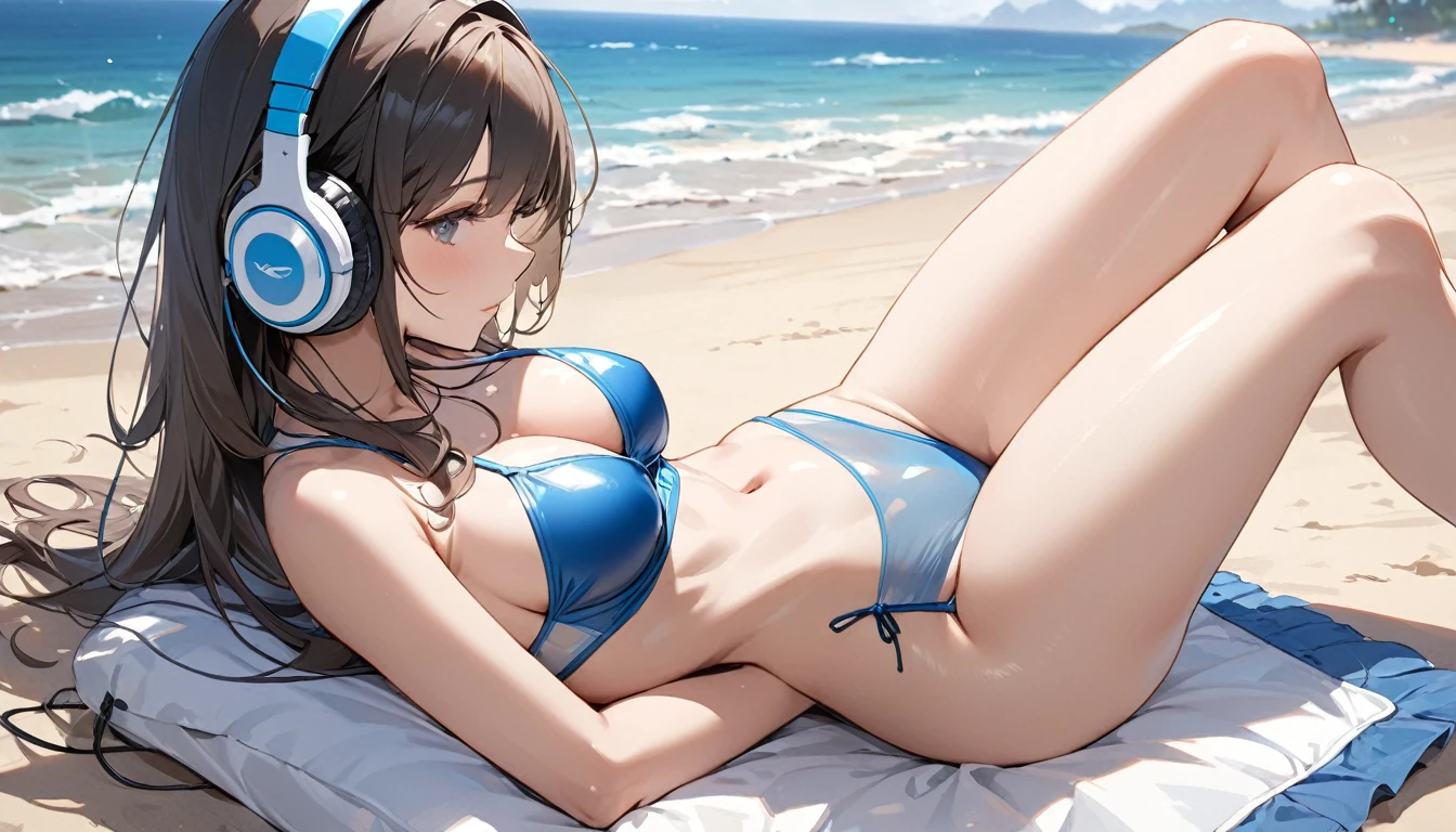 ((Top Quality)), ((Masterpiece)), ((Details)), perfect face, perfect body, sitting on the beach, listening to music, wearing headphones, wearing swimsuit, swimsuit transparent, tight with buttocks and breasts exposed Woman with clothes on and face visible