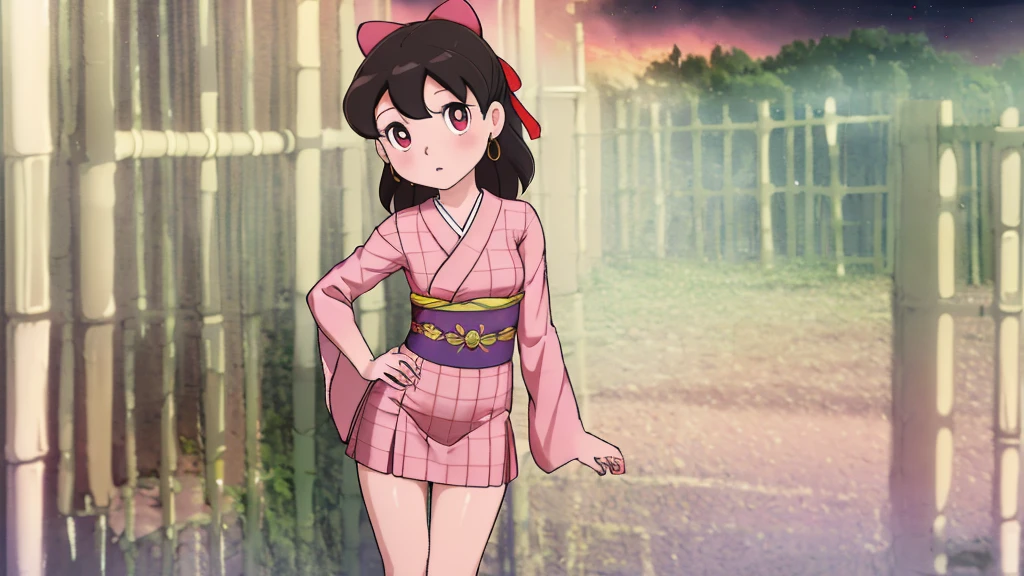 Masterpiece, Best Quality, High Resolution, Venus1, 1Girl, Solo, Tsuko Kamato, Bamboo, Gag, Hair (brown), Plaid Belt, Gag, Gag, Gradient Hair, Hair Ribbon, Haori, Japanese Clothing, Very Short Kimono, showing her underwear, big , Long Hair, Looking at the Audience, Multicolored Hair, Pink Eyes, Very Short Pink Kimono, showing her bra, Pink Ribbon, Ribbon, Solo, (((Masterpiece)), Forehead, standing posing infront of a burning house at night, with dark red clouds Cute puffing cheeks, seducing, Eyes wide, slim waist, sexy posing, slim tight,full body,wearing high heels