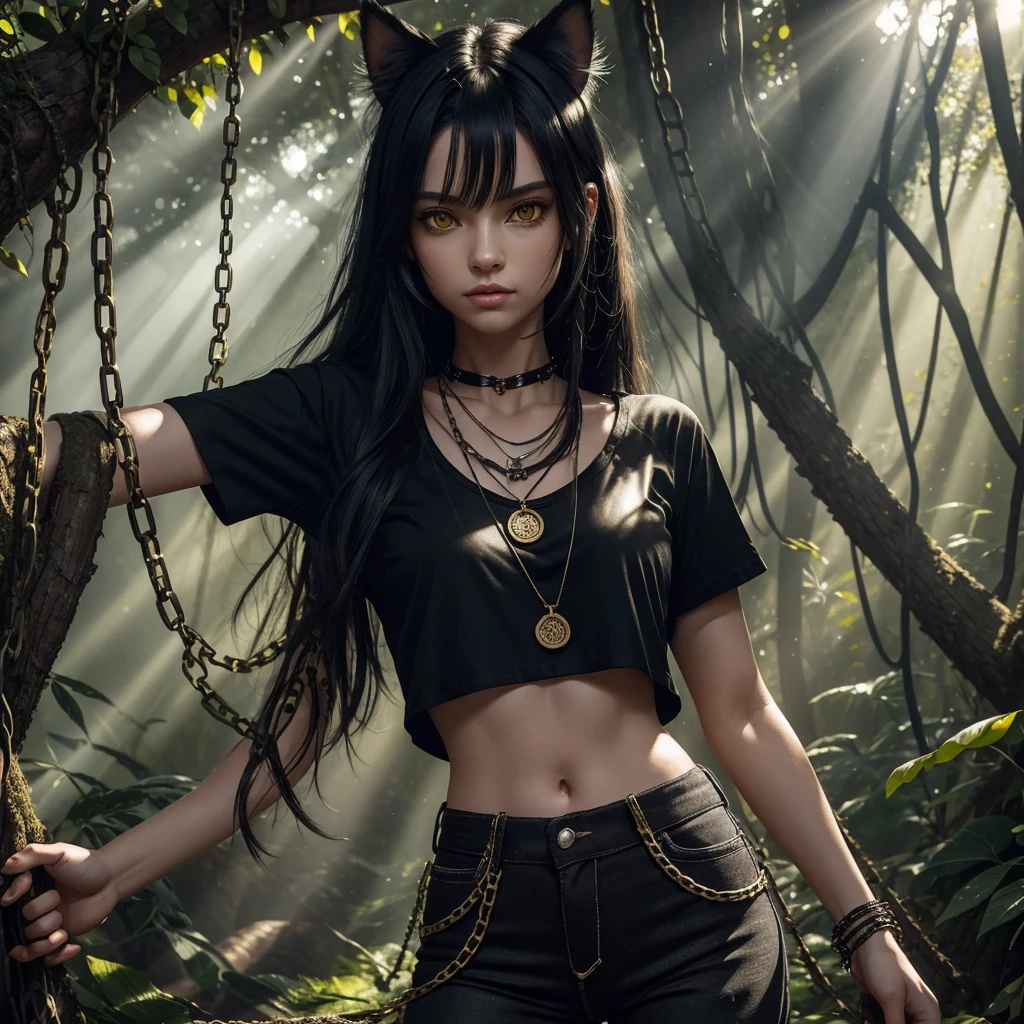 forest, catgirl, black cropped t-shirt adorned with medals and chains, black jeans adorned with chains and patches, beams of sunlight shining through the canopy, yellow eyes, calico fur, beautifully lit, insanely detailed, stunning environment