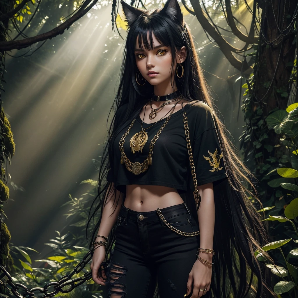forest, catgirl, black cropped t-shirt adorned with medals and chains, black jeans adorned with chains and patches, beams of sunlight shining through the canopy, yellow eyes, calico fur, beautifully lit, insanely detailed, stunning environment