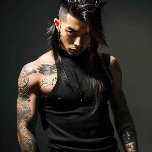 1 man, Japanese man, male, Asian eyes, muscular, broad shoulders, yakuza tattoos, hairstyle Visual Kei style, hair Visual Kei, black men's shirt and black pants, ultra detailed face, hyperrealistic, realistic representation, long hair, long hair, 30 years old, age 30 years, blonde hair