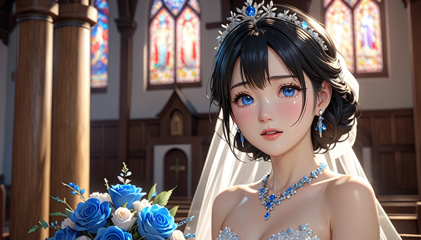 National Science Foundation,masterpiece,High resolution,8K,art,refer to,3D,Kyoto Animation Style,Your Name movie style,uhd, high details, highres, 8K, 16K, high quality, best quality, super detail, textured skin, masterpiece, accurate, anatomically correct, award winning,To the camera,Soft Light,Glowing Skin,(1 female: 1.3),(alone: 1.4),(((Black Hair))),(nice,Sparkling Wedding Dress),Swarovski crystals on gorgeous wedding dress,crystal crown,crystal necklace,crystal earrings,Long eyelashes,Thin legs,Long Bob,Bouquet of blue roses in hand,close of upper body,close,Close-up,In a quaint church,Starry Eyes,Blushed,shy,shy,Open your mouth,(((cry))),(((Tears)))