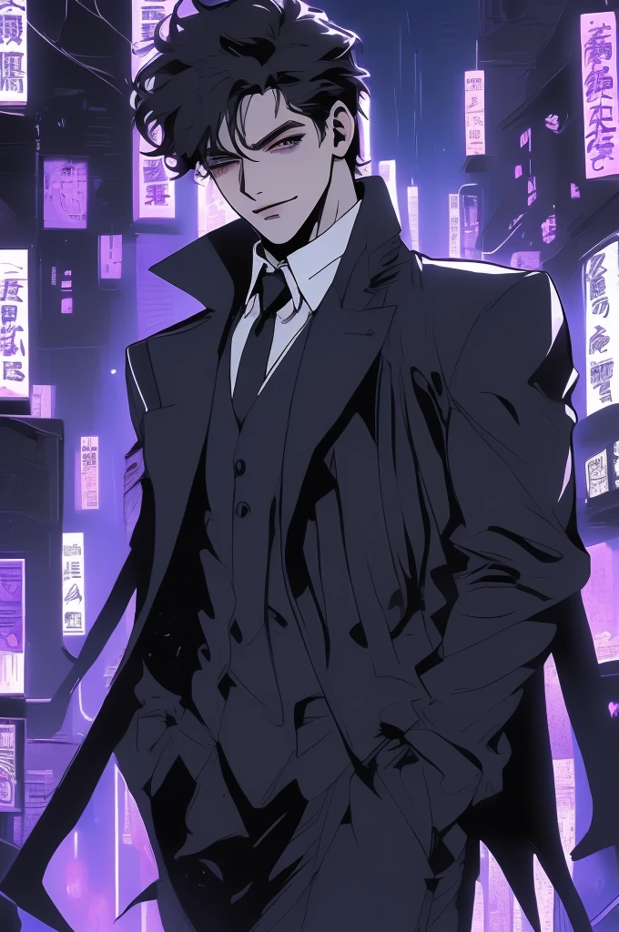 anime man in the night city, attractive man with сиреневые глаза while squinting, adult man, black hair, black loose shirt, (((no decorations on clothes))), beautiful detailed eyes, lilac eyes eyes, squinting, shoulder-length curly hair, (Best quality,4K,8 k,A high resolution,masterpiece:1.2), ultra detailed, bright colors, dark lighting, Cinematic, A sly smile on his face, long hair, full length