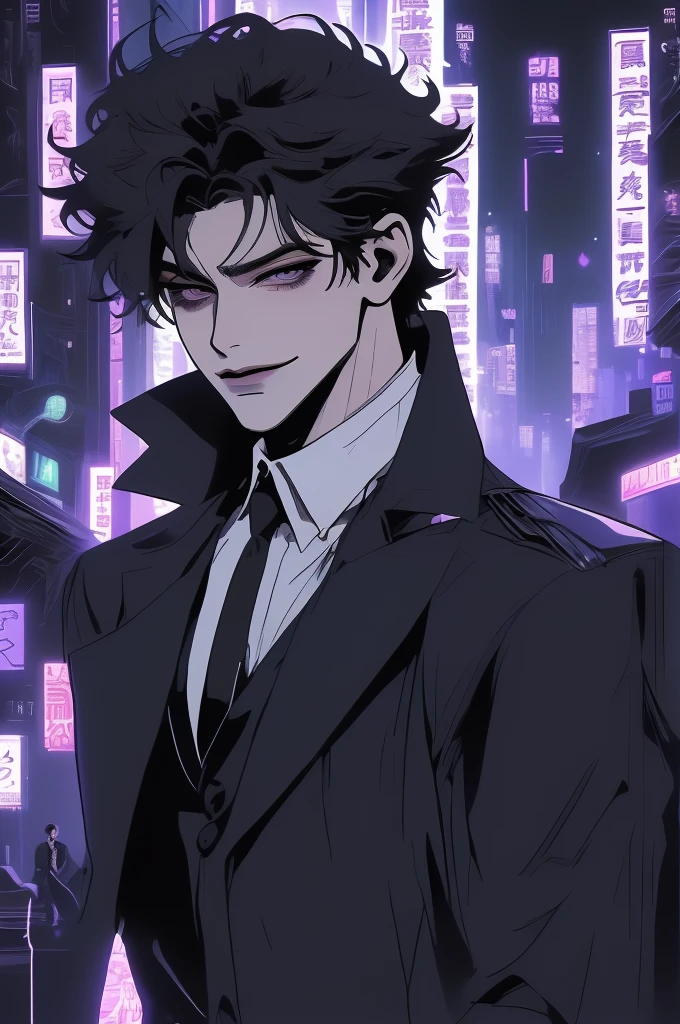 anime man in the night city, attractive man with сиреневые глаза while squinting, adult man, black hair, black loose shirt, (((no decorations on clothes))), beautiful detailed eyes, lilac eyes eyes, squinting, shoulder-length curly hair, (Best quality,4K,8 k,A high resolution,masterpiece:1.2), ultra detailed, bright colors, dark lighting, Cinematic, A sly smile on his face, long hair, full length