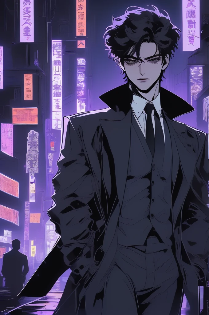 anime man in the night city, attractive man with сиреневые глаза while squinting, adult man, black hair, black loose shirt, (((no decorations on clothes))), beautiful detailed eyes, lilac eyes eyes, squinting, shoulder-length curly hair, (Best quality,4K,8 k,A high resolution,masterpiece:1.2), ultra detailed, bright colors, dark lighting, Cinematic, A sly smile on his face, long hair, full length